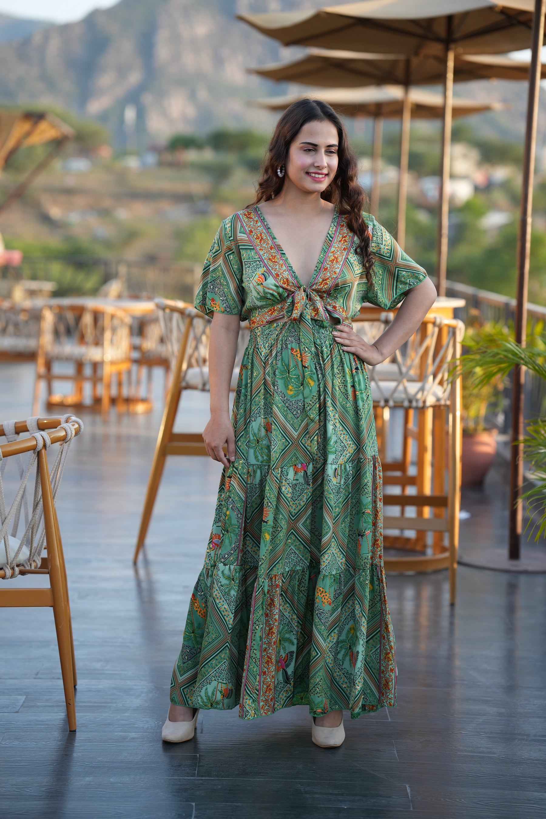 Tie front ruffle hem gold(foil) print featured maxi dress- Garden Smisingbee
