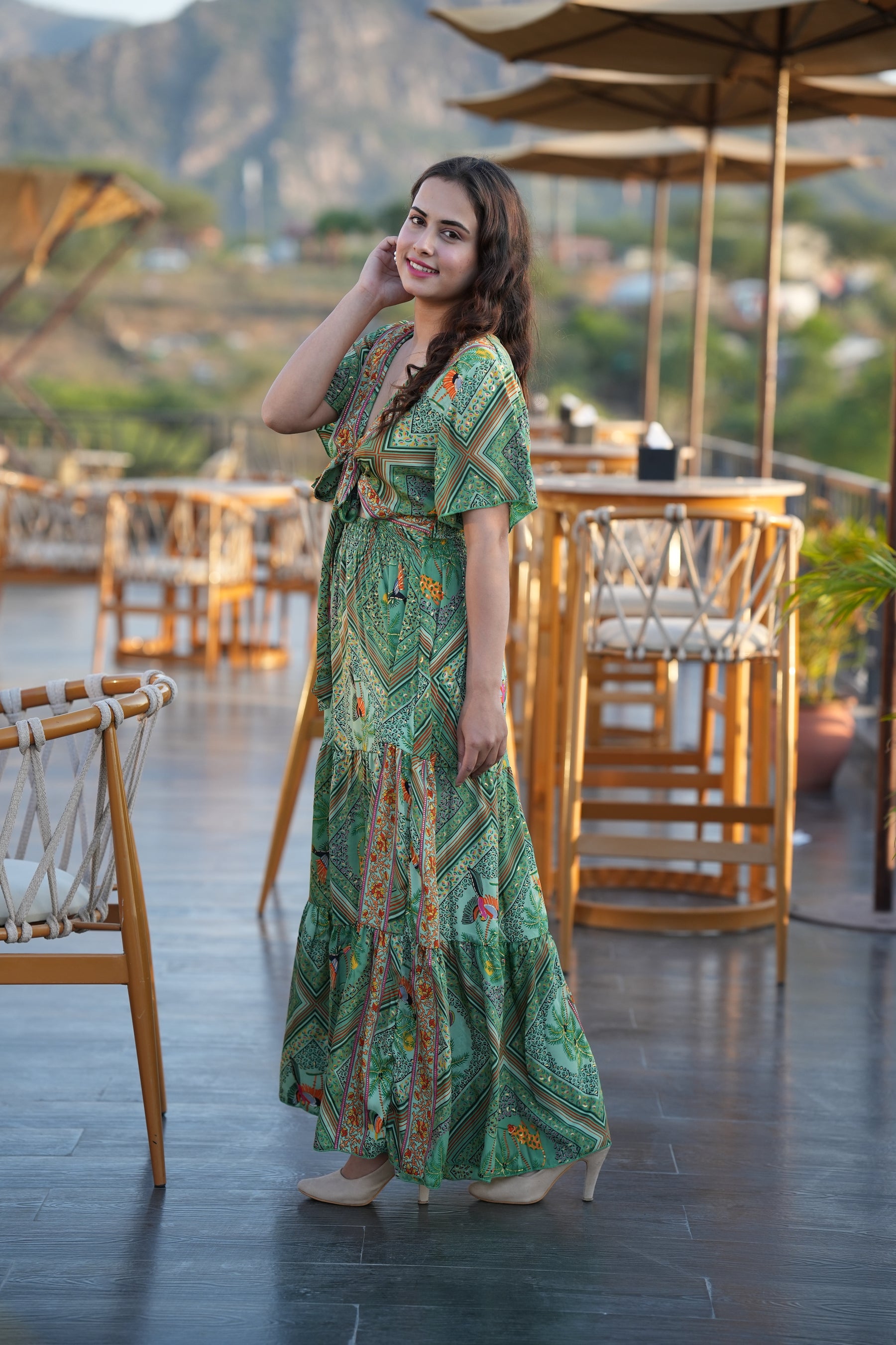 Tie front ruffle hem gold(foil) print featured maxi dress- Garden Smisingbee