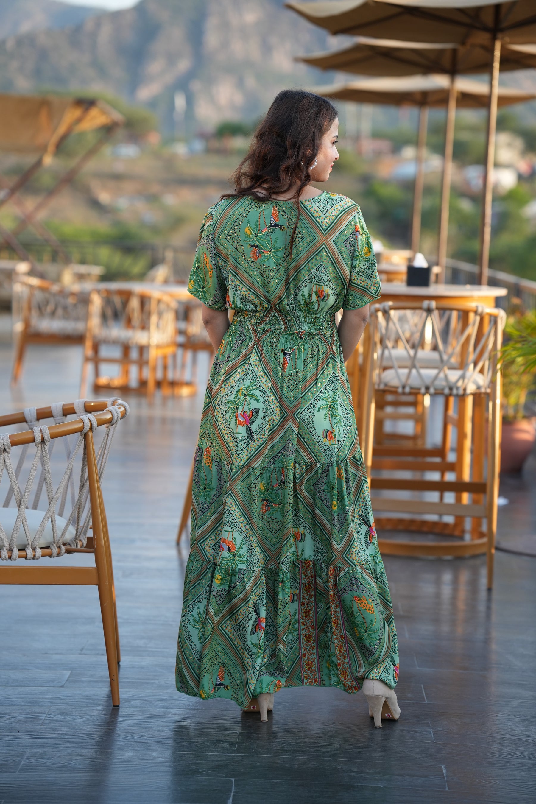 Tie front ruffle hem gold(foil) print featured maxi dress- Garden Smisingbee