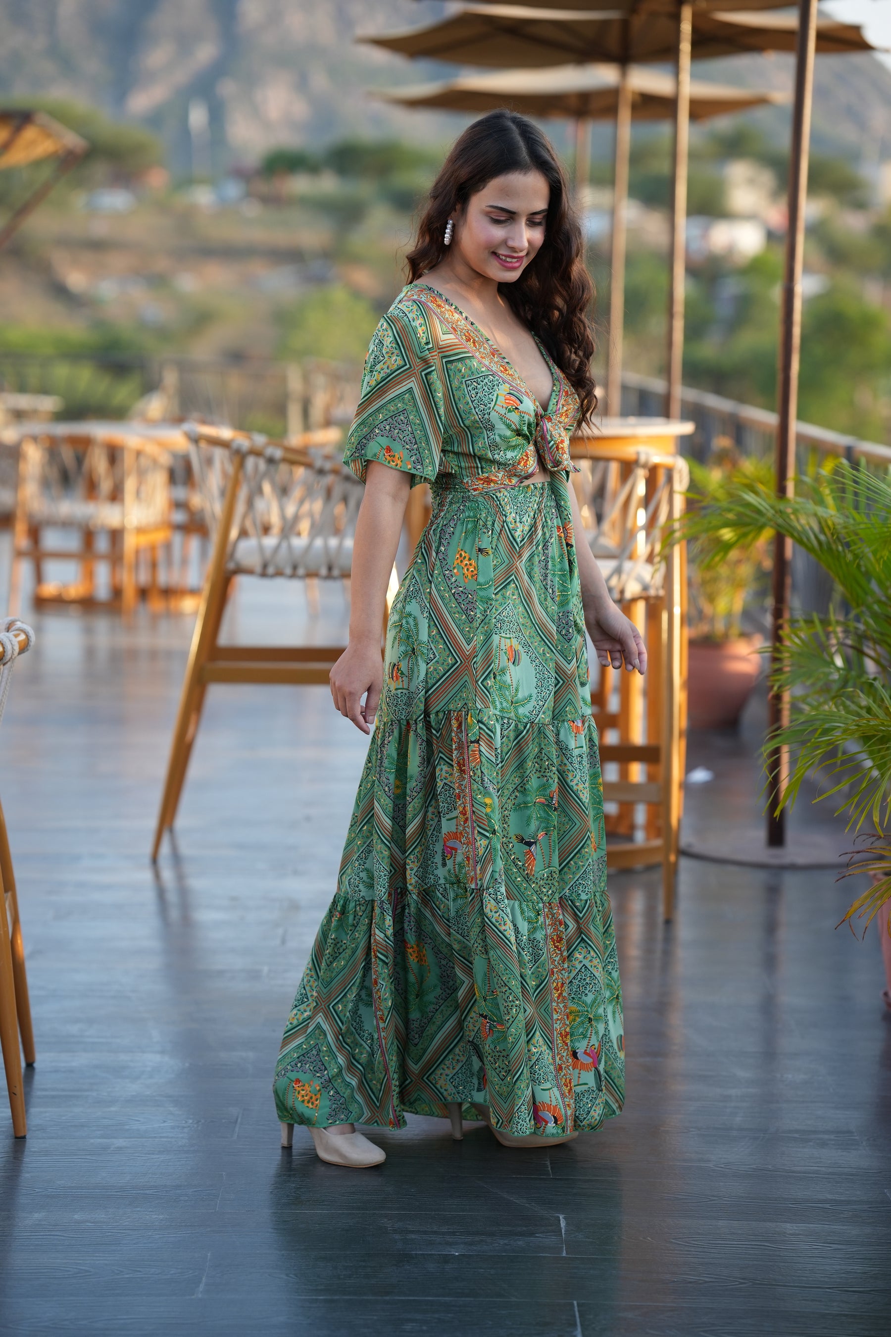 Tie front ruffle hem gold(foil) print featured maxi dress- Garden Smisingbee