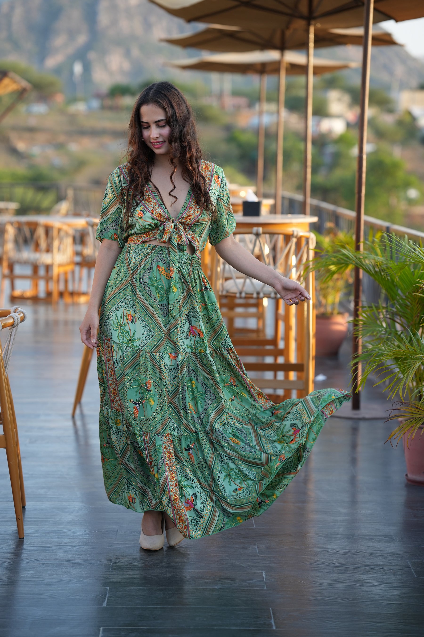 Tie front ruffle hem gold(foil) print featured maxi dress- Garden Smisingbee