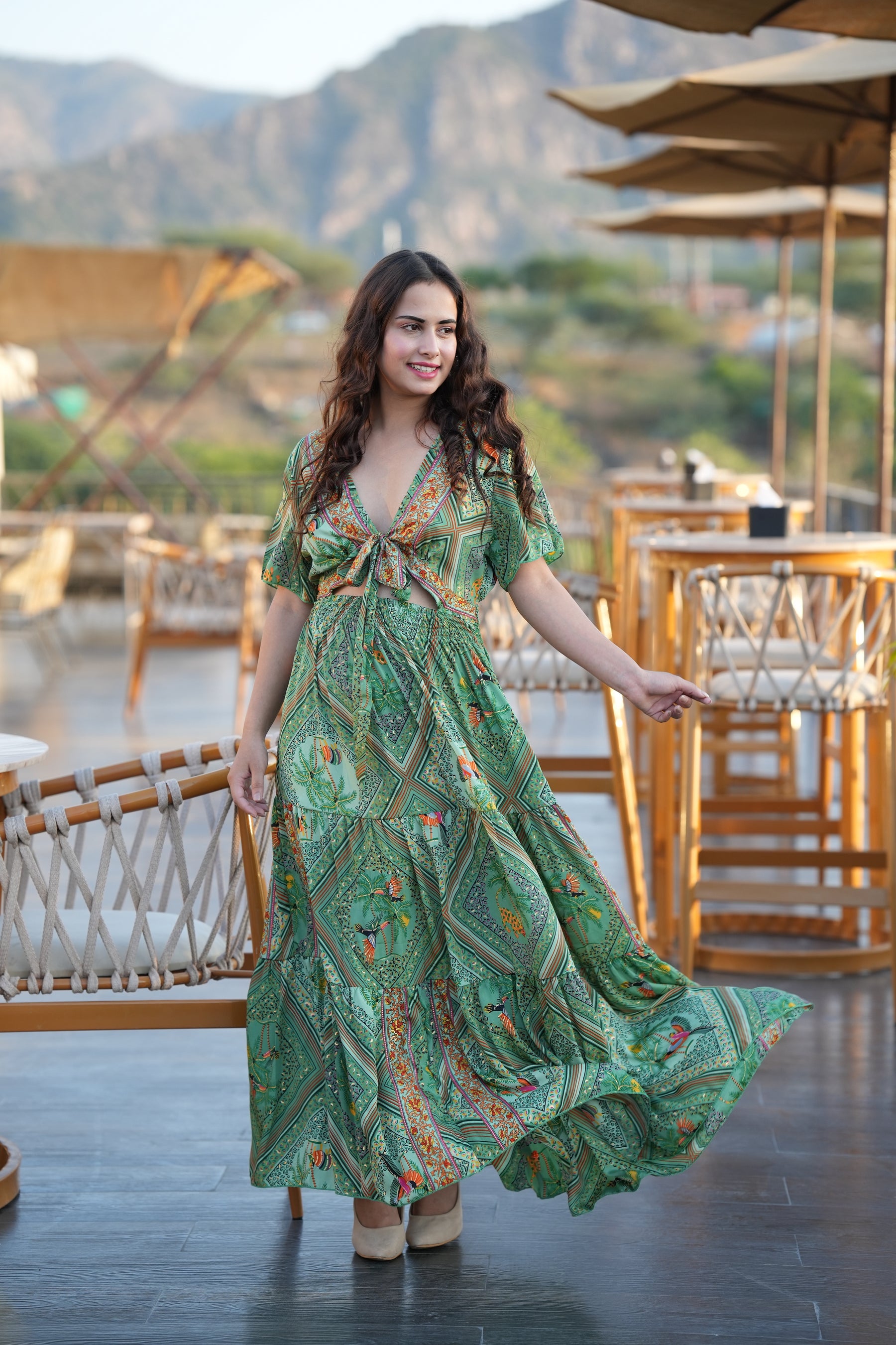 Tie front ruffle hem gold(foil) print featured maxi dress- Garden Smisingbee