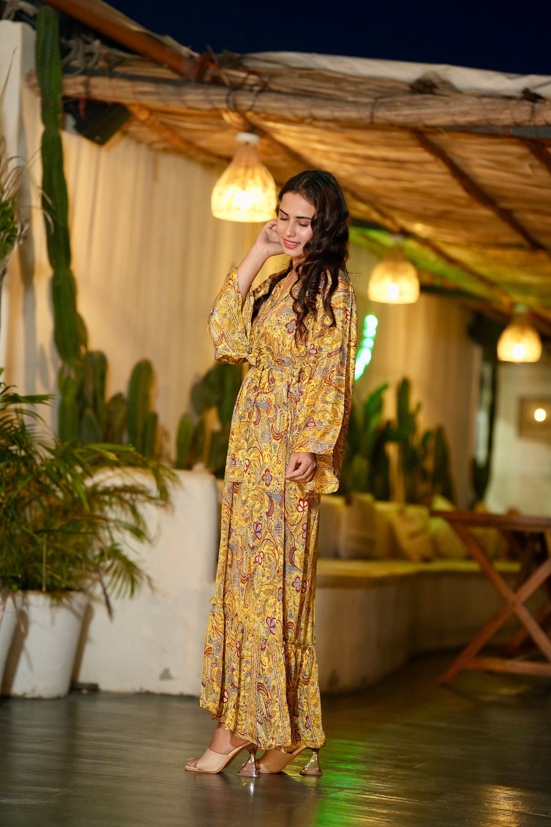 Strap Button Bell Sleeves Boho Maxi Dress - Yellow