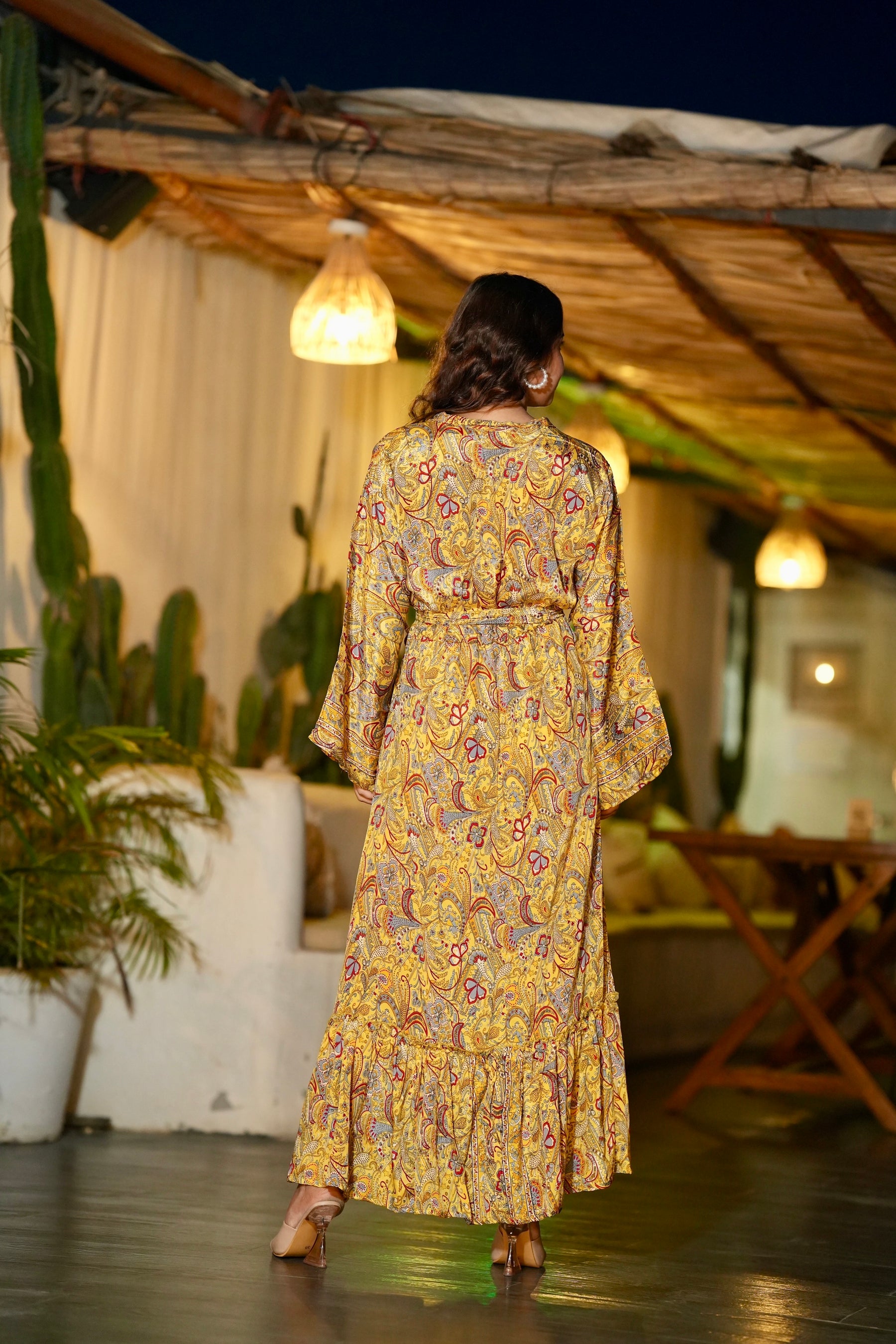 Strap Button Bell Sleeves Boho Maxi Dress - Yellow