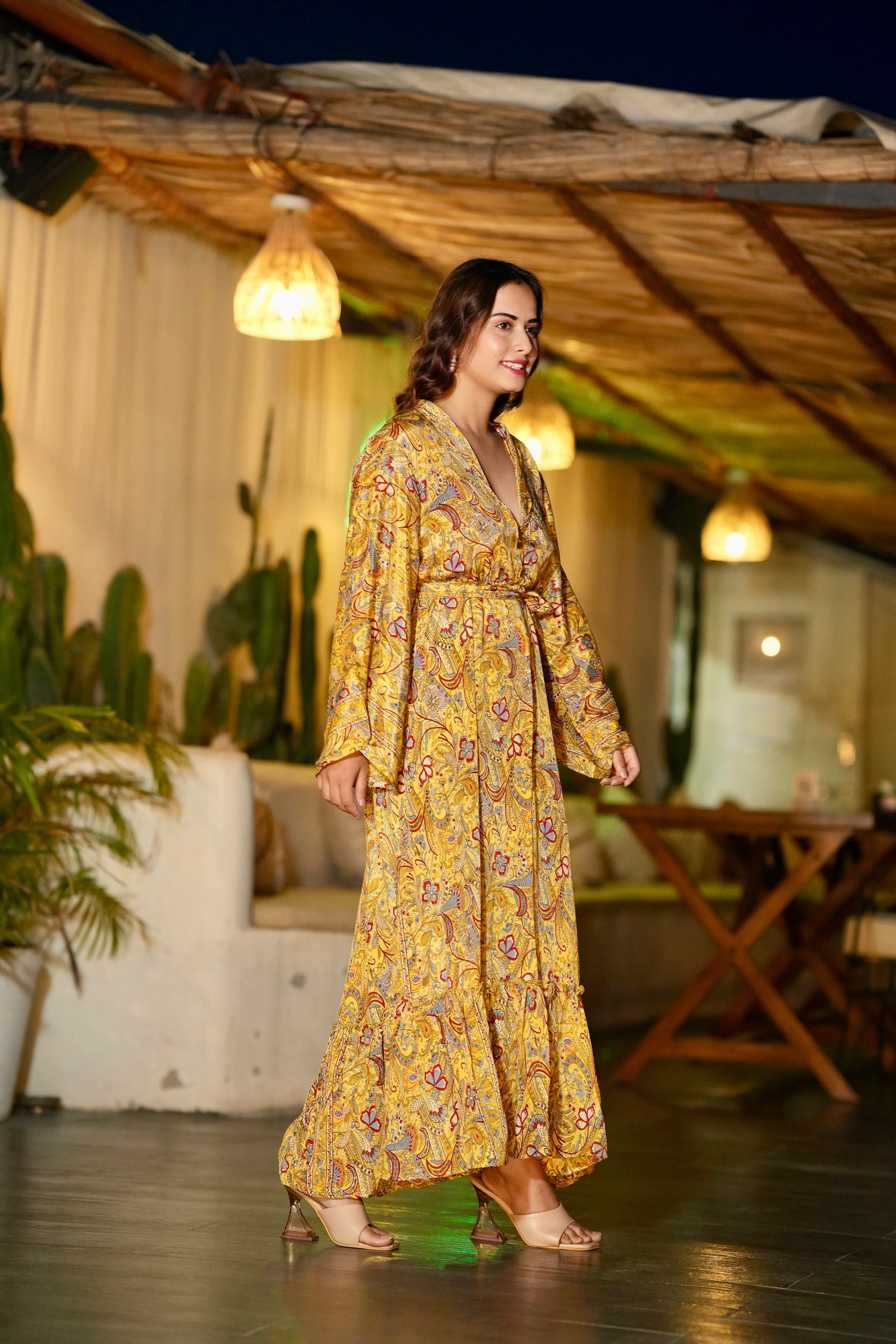Strap Button Bell Sleeves Boho Maxi Dress - Yellow