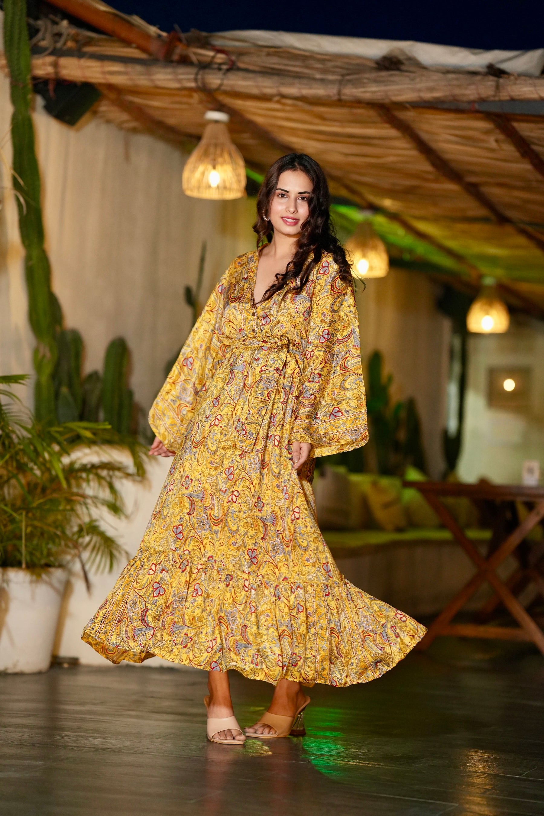 Strap Button Bell Sleeves Boho Maxi Dress - Yellow