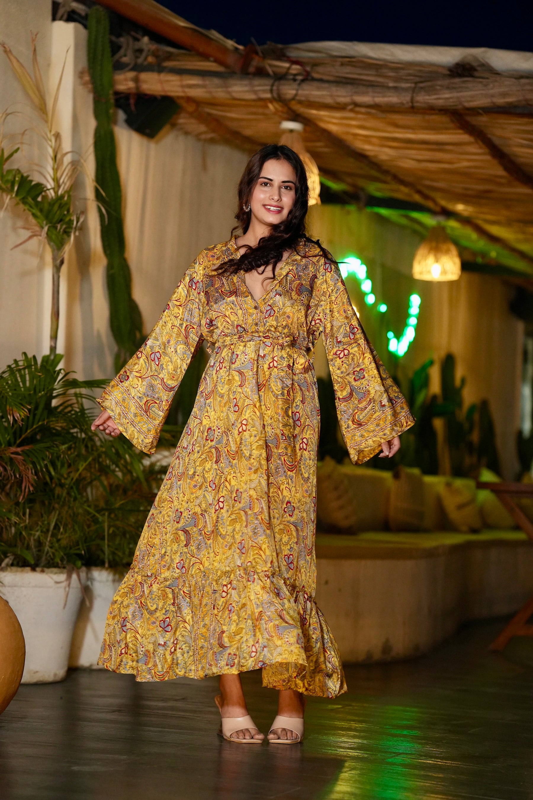 Strap Button Bell Sleeves Boho Maxi Dress - Yellow