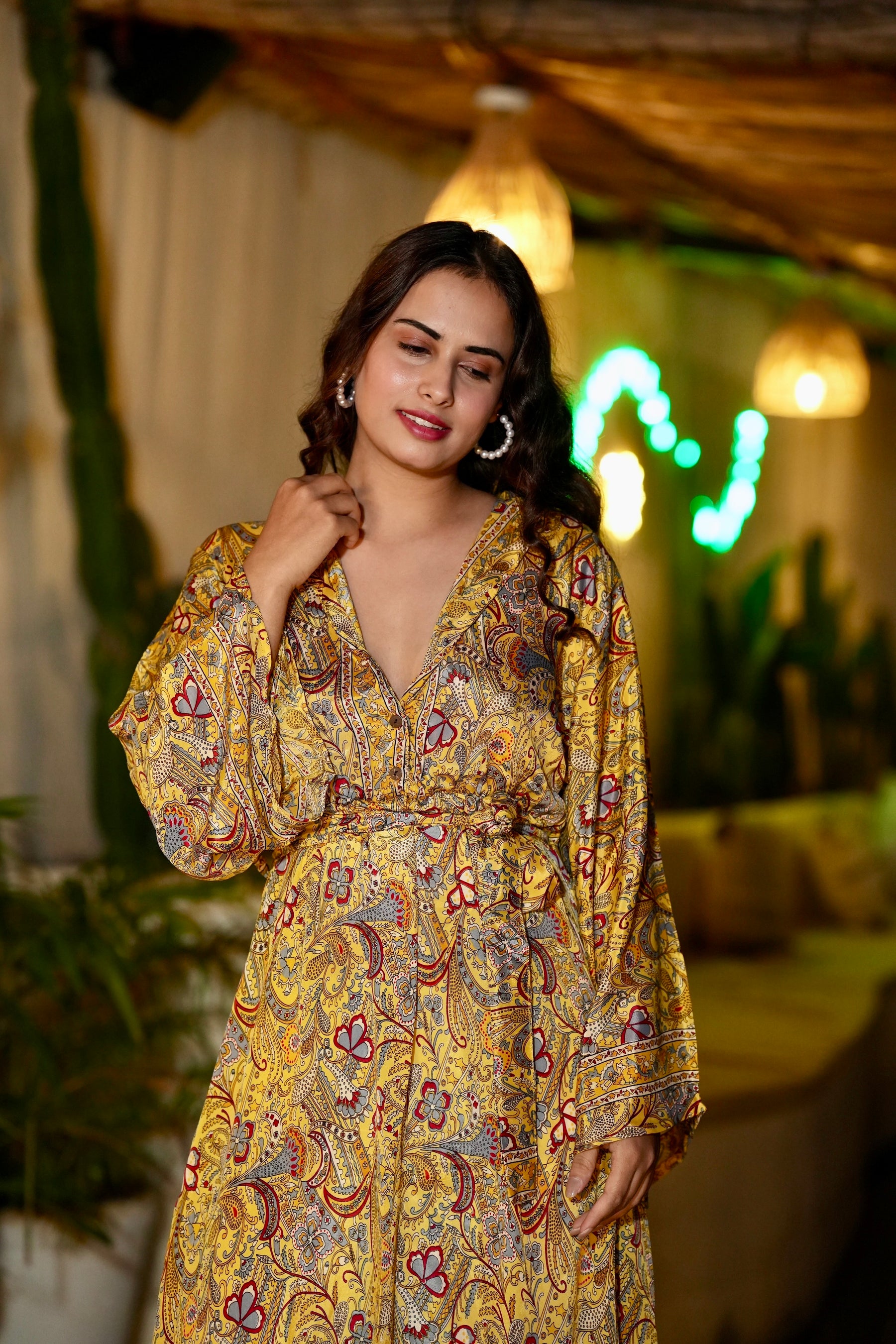 Strap Button Bell Sleeves Boho Maxi Dress - Yellow
