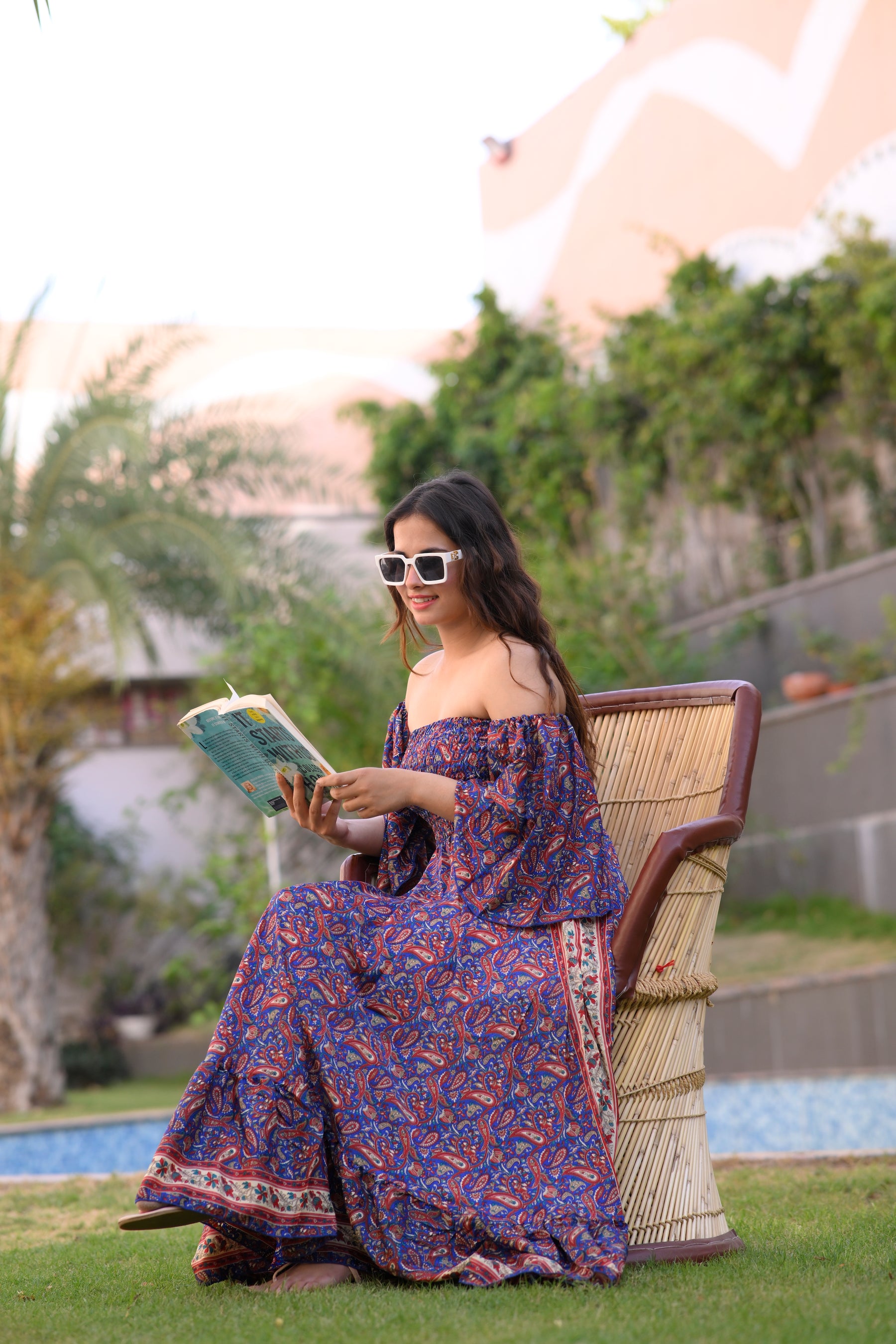 Off- Shoulder Boho Printed Maxi Dress -Bluebell Bliss SmisingBee