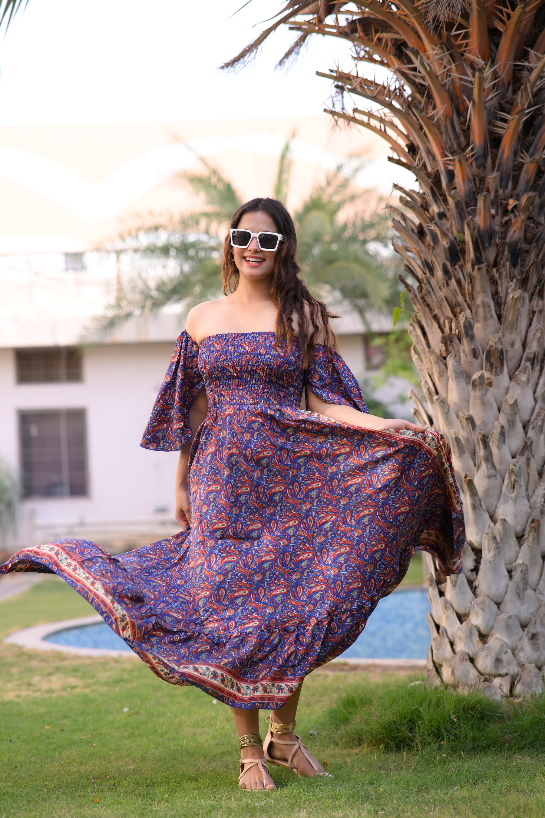 Off- Shoulder Boho Printed Maxi Dress -Bluebell Bliss SmisingBee