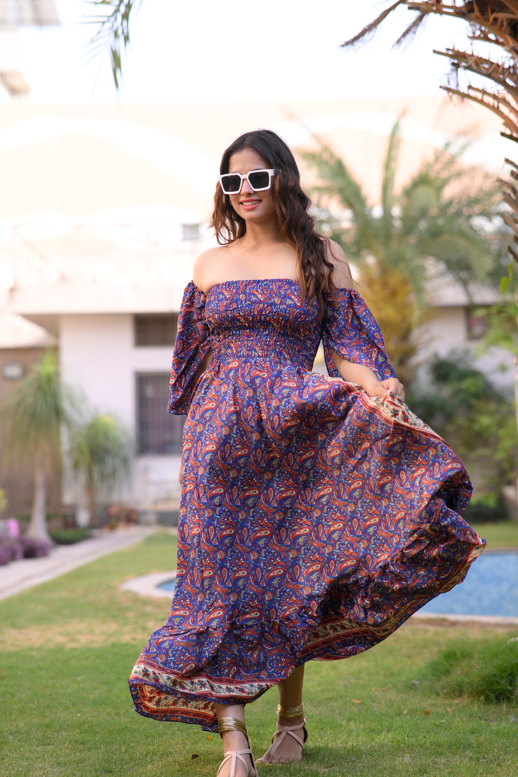 Off- Shoulder Boho Printed Maxi Dress -Bluebell Bliss SmisingBee