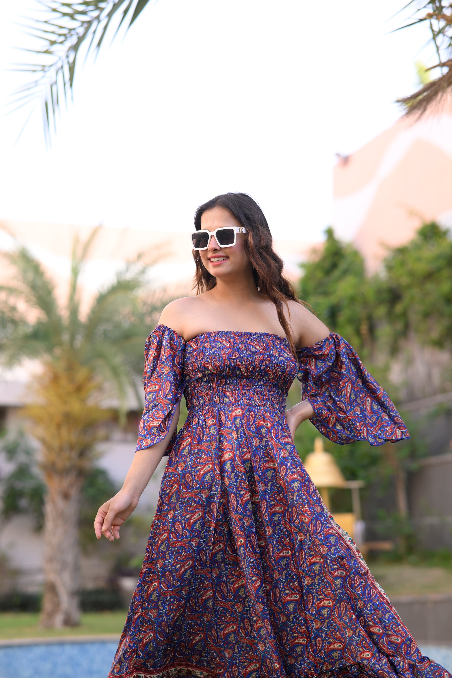 Off- Shoulder Boho Printed Maxi Dress -Bluebell Bliss SmisingBee