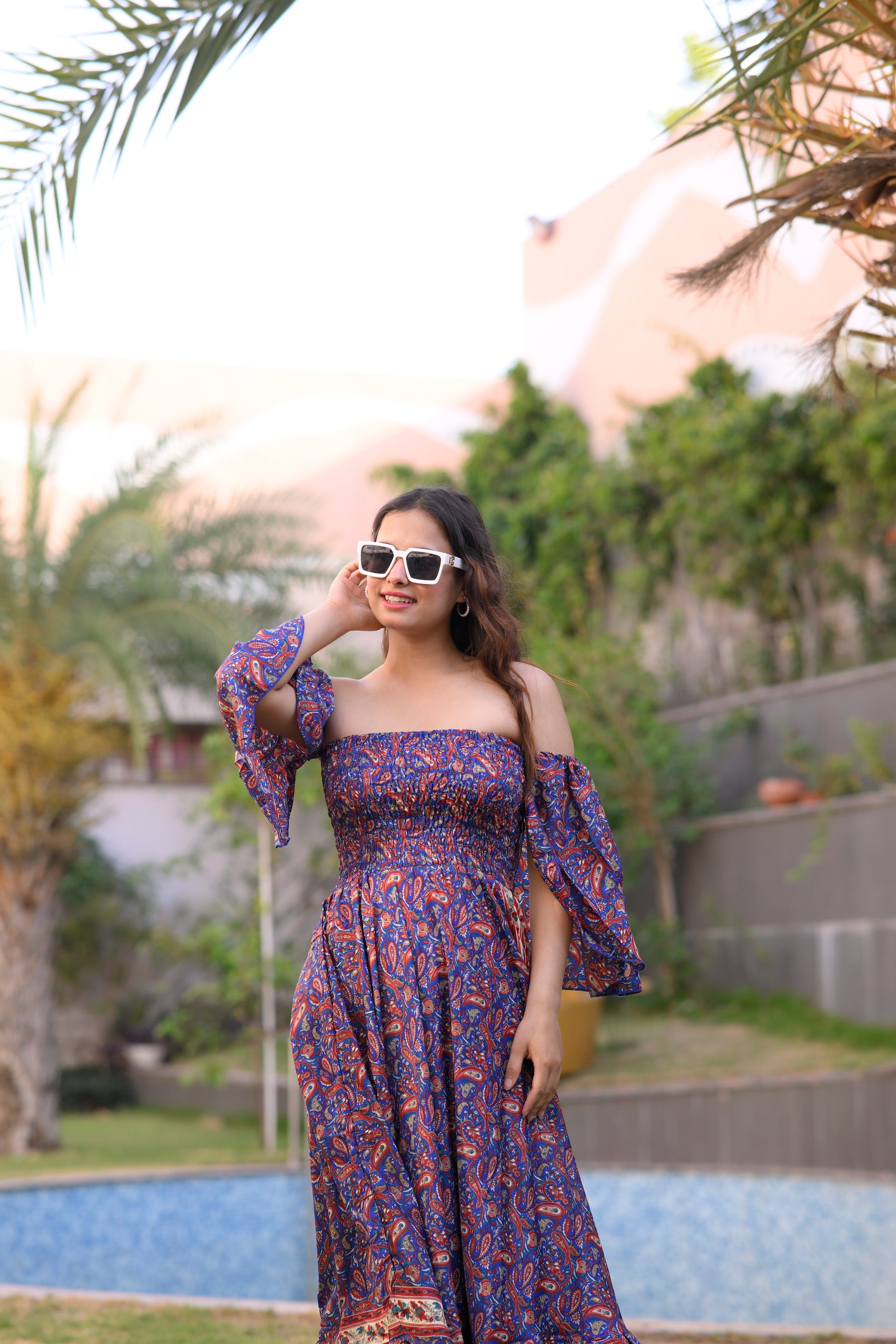 Off- Shoulder Boho Printed Maxi Dress -Bluebell Bliss SmisingBee