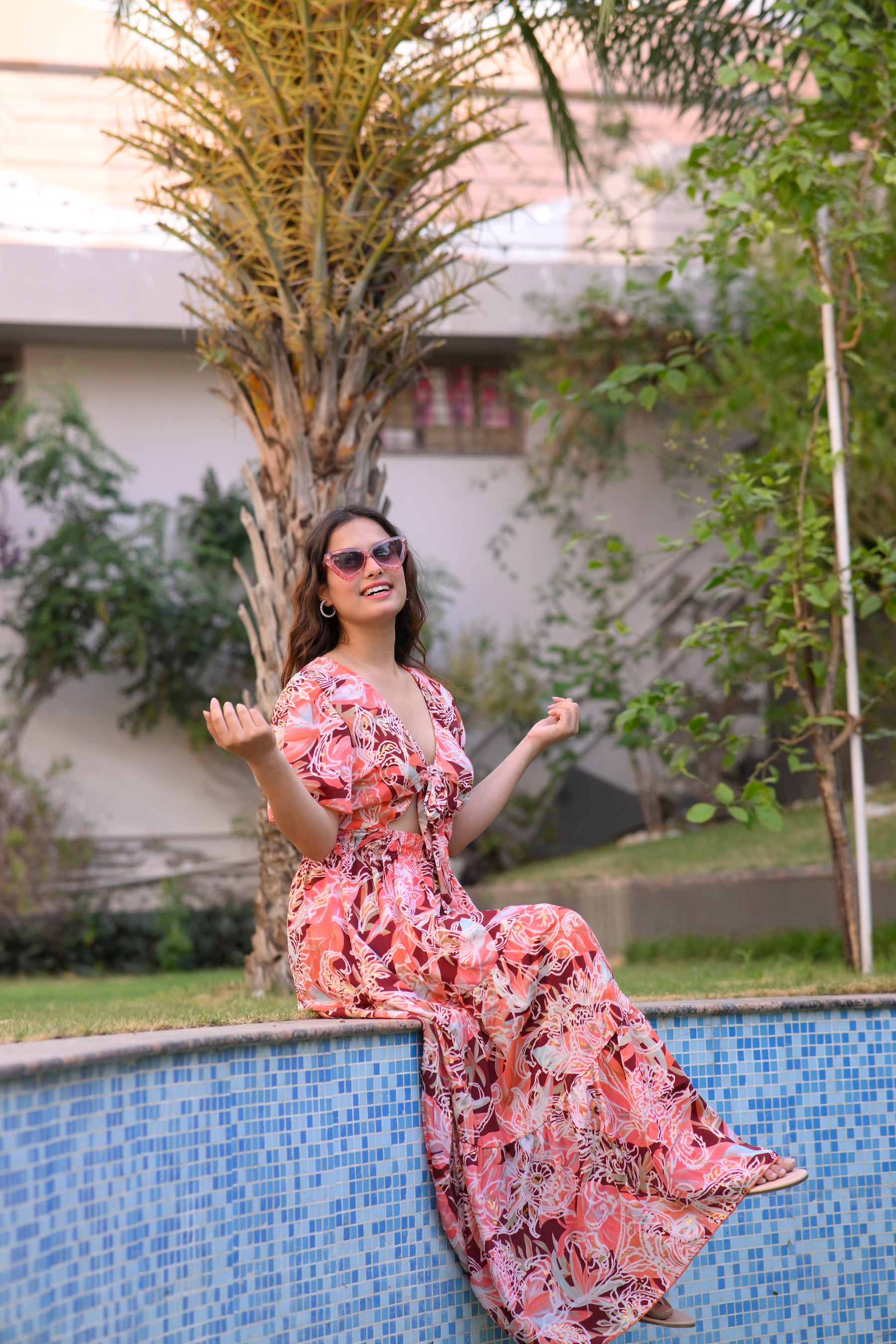 Tie front ruffle hem gold(foil) print featured maxi dress - Smisingbee