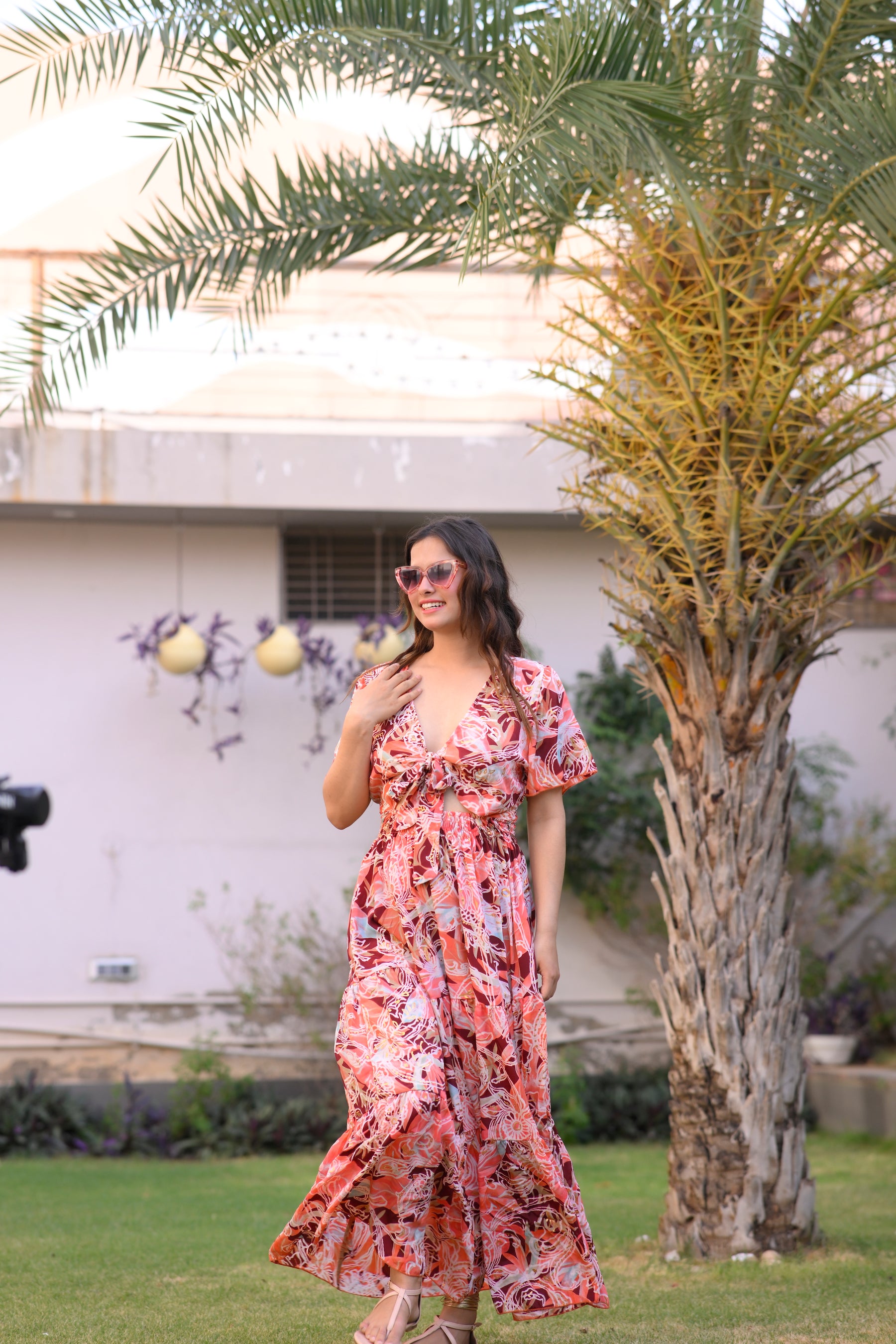 Tie front ruffle hem gold(foil) print featured maxi dress - Smisingbee