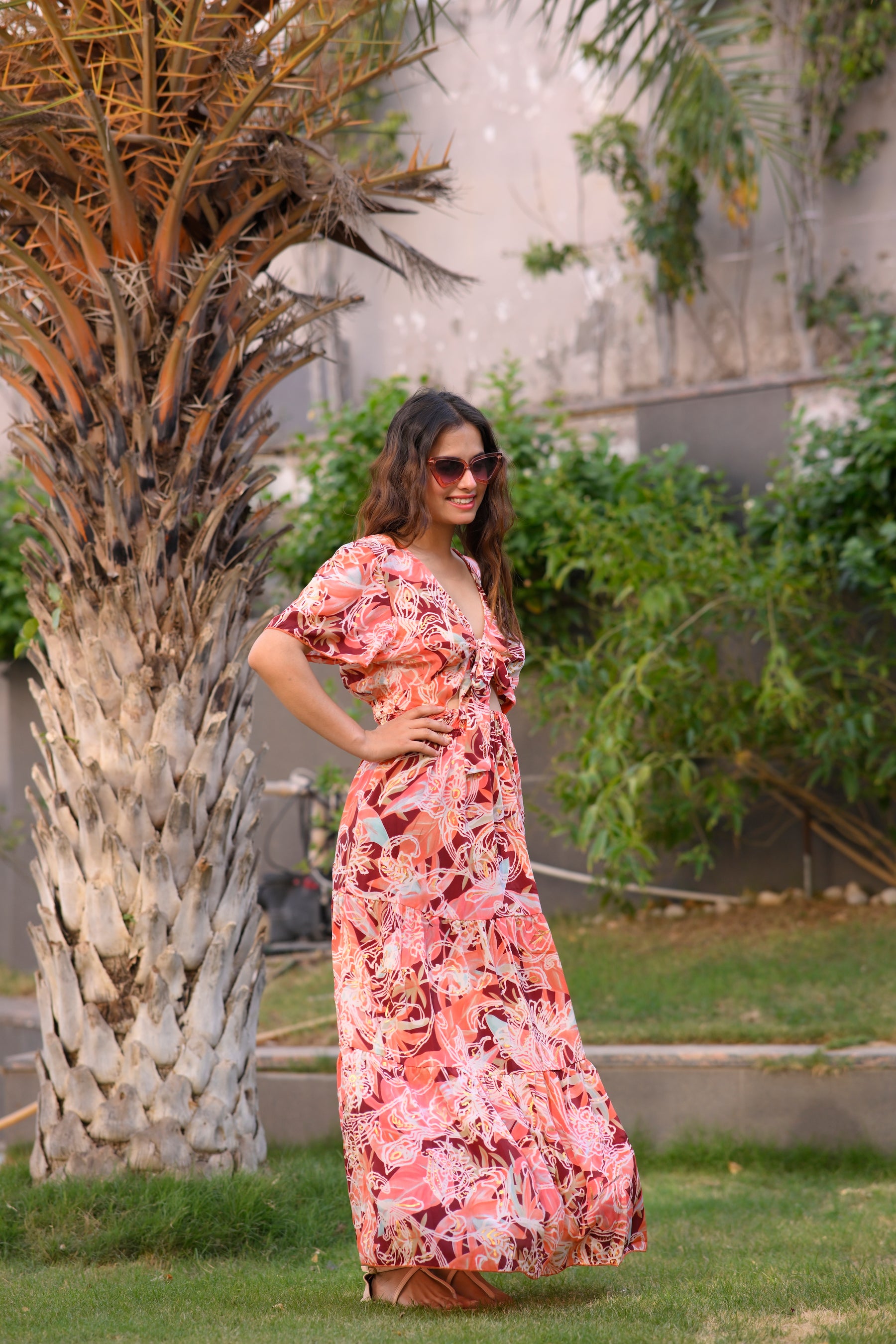 Tie front ruffle hem gold(foil) print featured maxi dress - Smisingbee