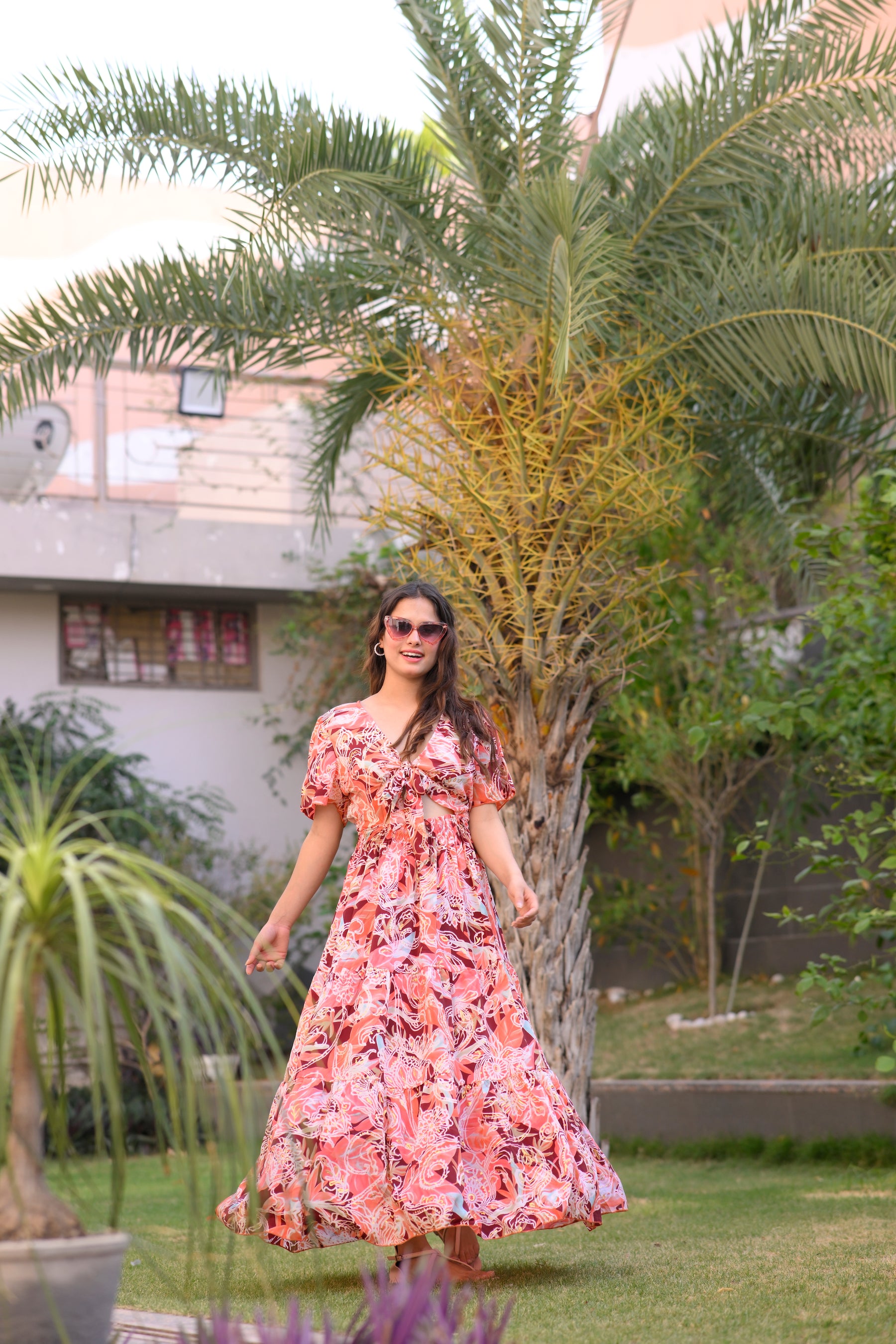 Tie front ruffle hem gold(foil) print featured maxi dress - Smisingbee