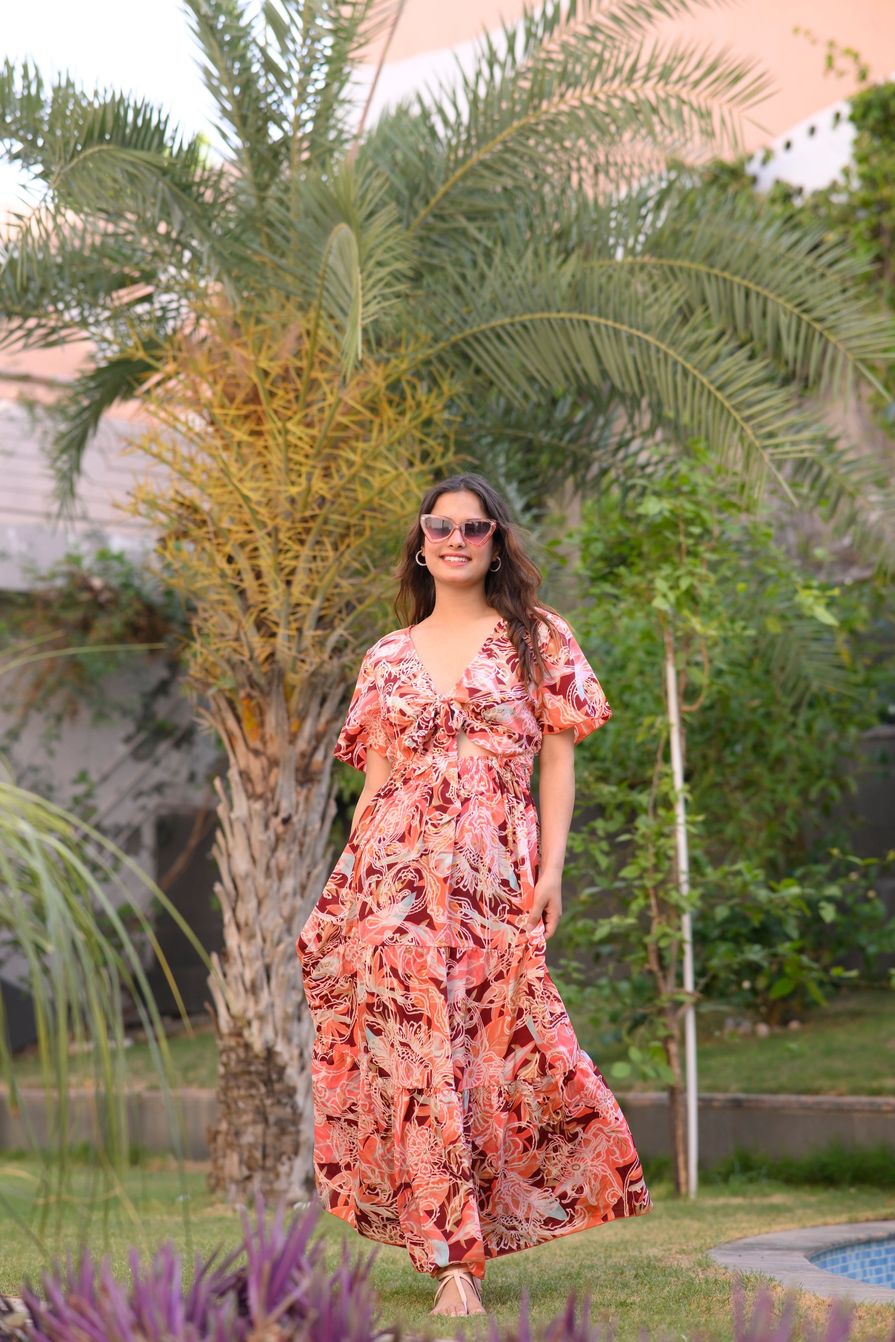 Tie front ruffle hem gold(foil) print featured maxi dress - Smisingbee