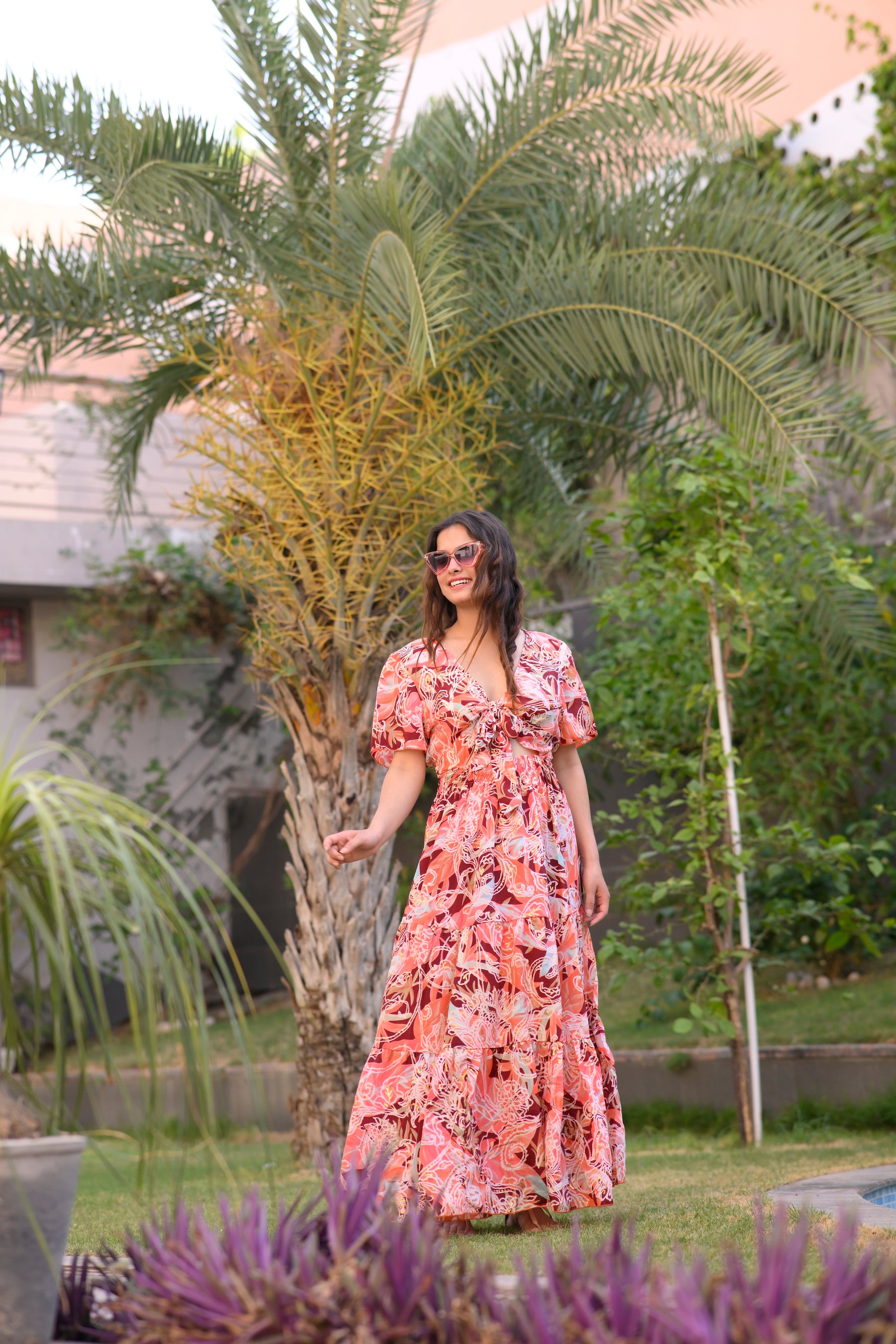 Tie front ruffle hem gold(foil) print featured maxi dress - Smisingbee