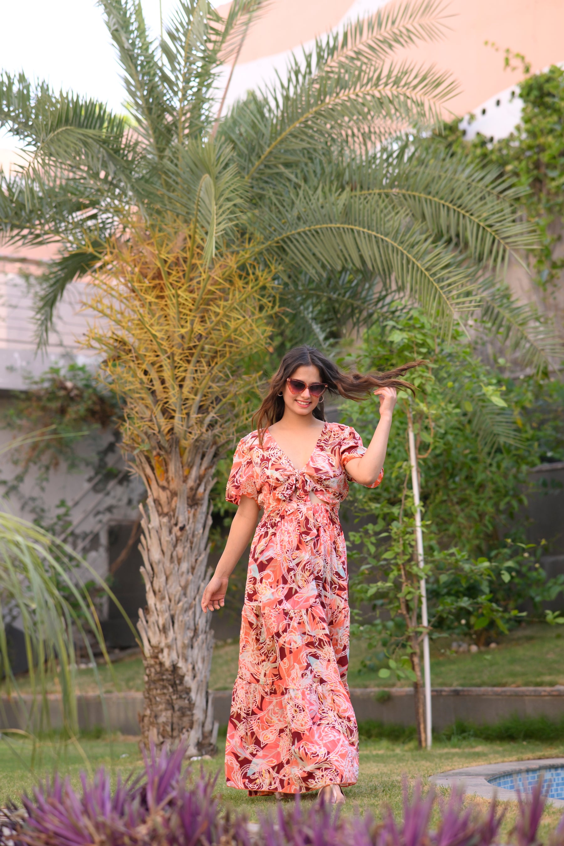 Tie front ruffle hem gold(foil) print featured maxi dress - Smisingbee