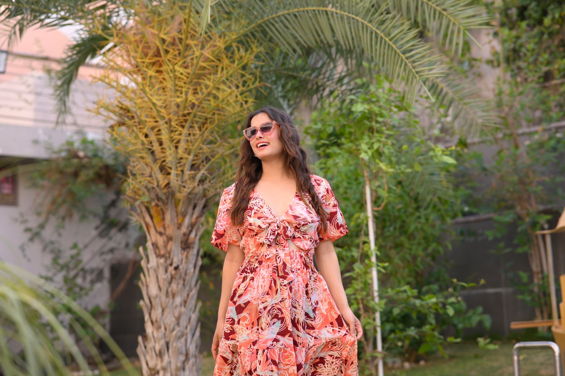 Tie front ruffle hem gold(foil) print featured maxi dress - Smisingbee