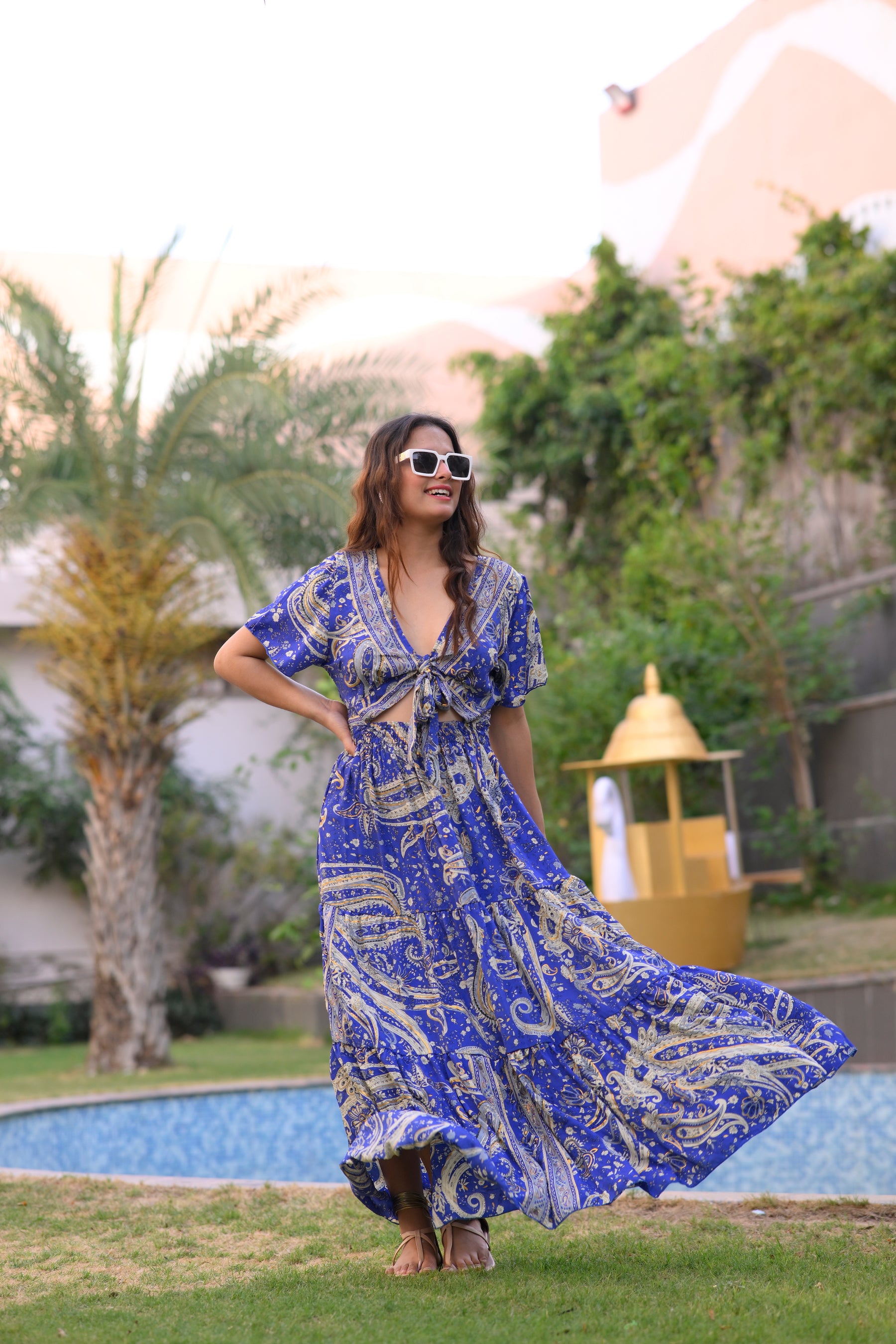 Tie front ruffle hem gold(foil) print featured maxi dress - Ocean Velvet