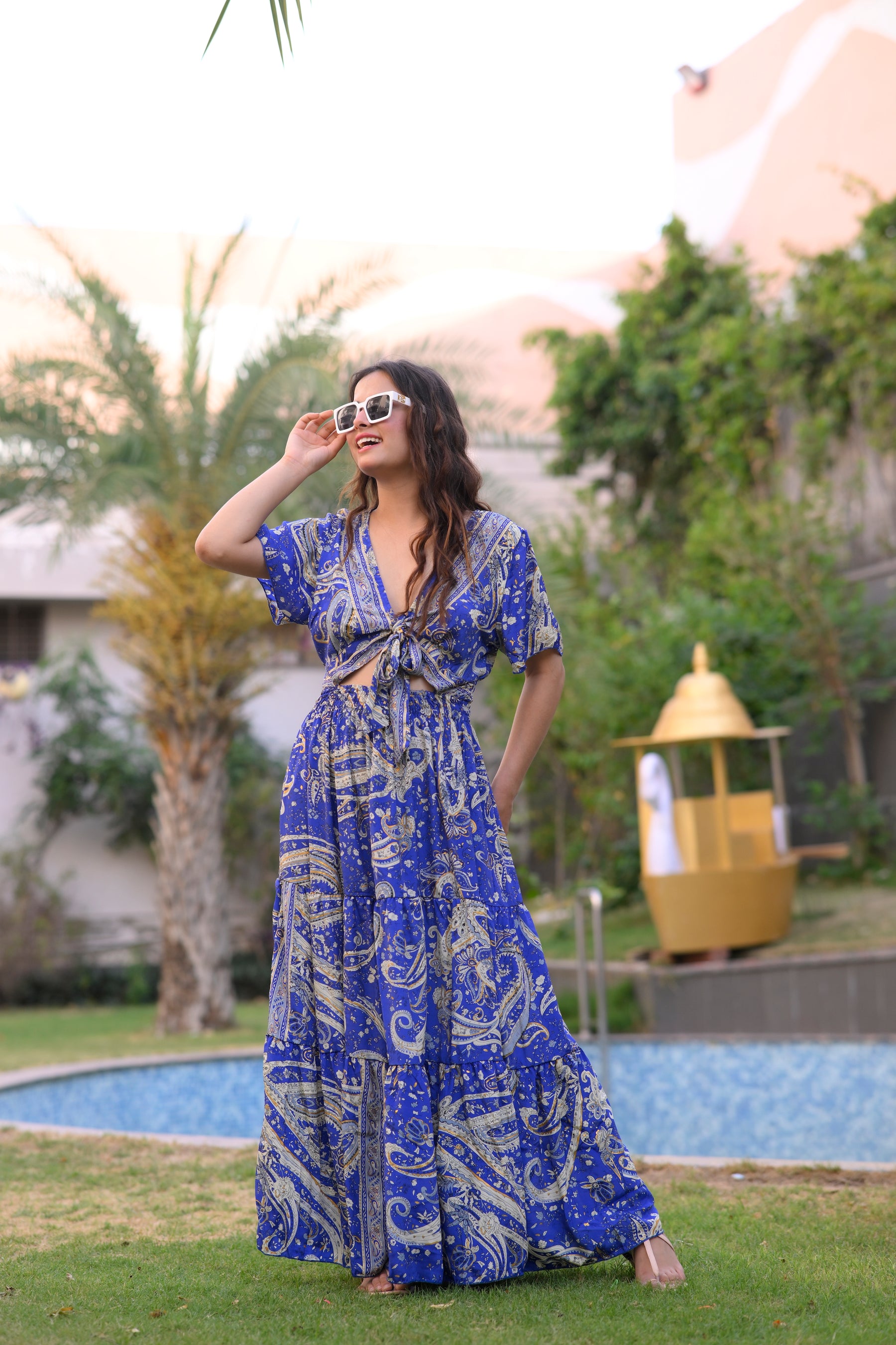 Tie front ruffle hem gold(foil) print featured maxi dress - Ocean Velvet
