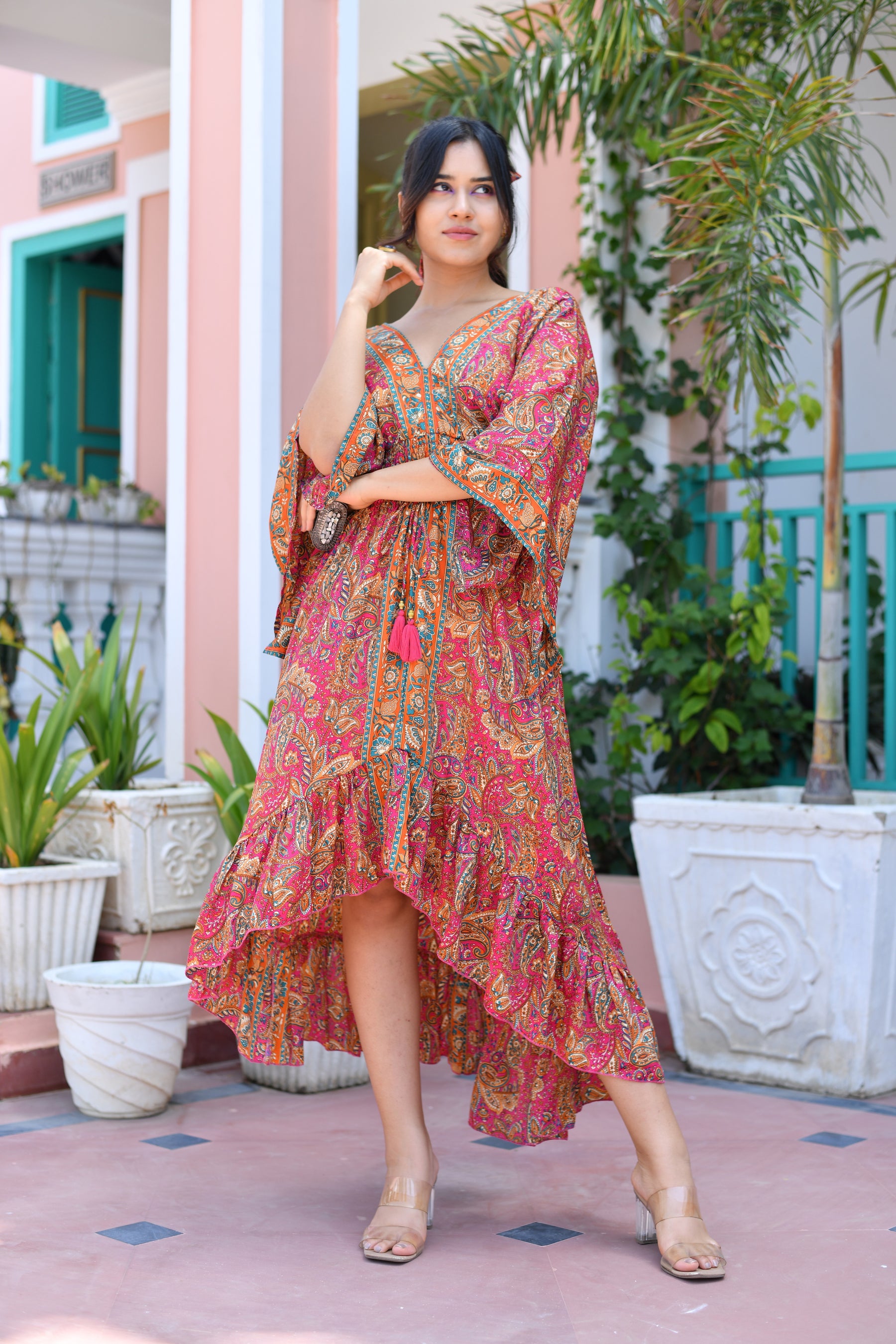 Asymmetric Bell Sleeves Boho Printed Maxi Dress
