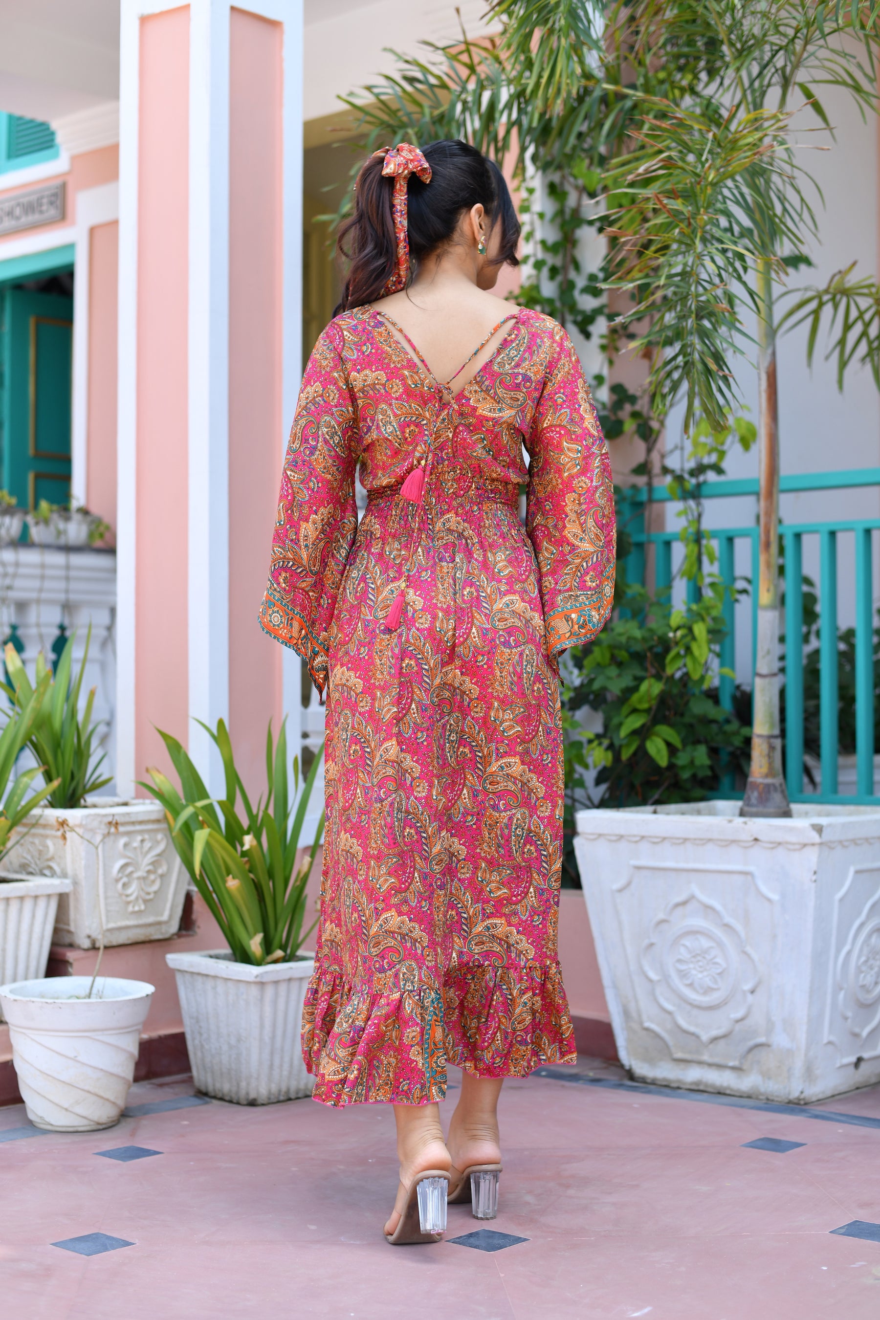 Asymmetric Bell Sleeves Boho Printed Maxi Dress