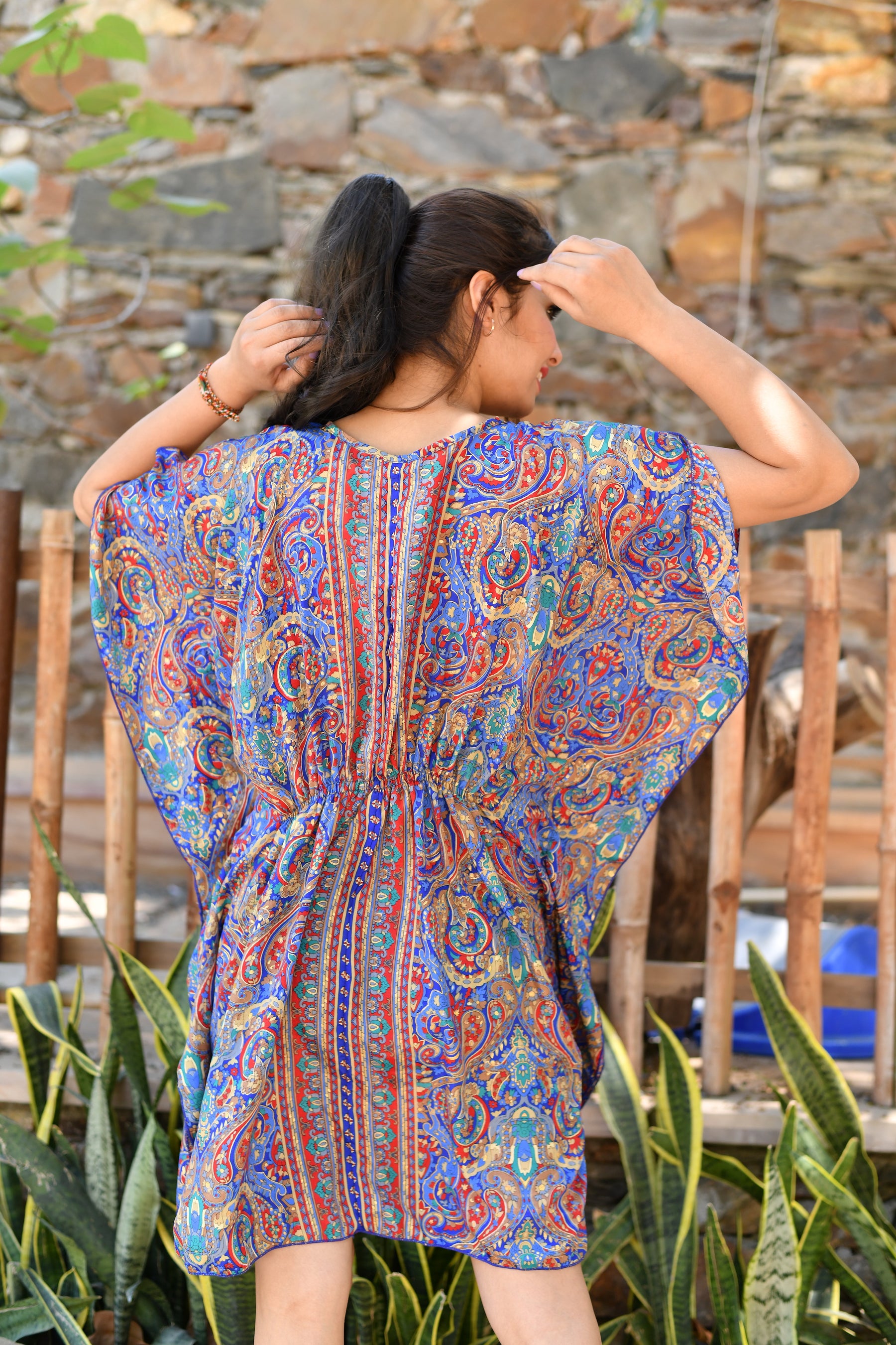 Kaftan Pattern Embroidered Short Dress in Blue
