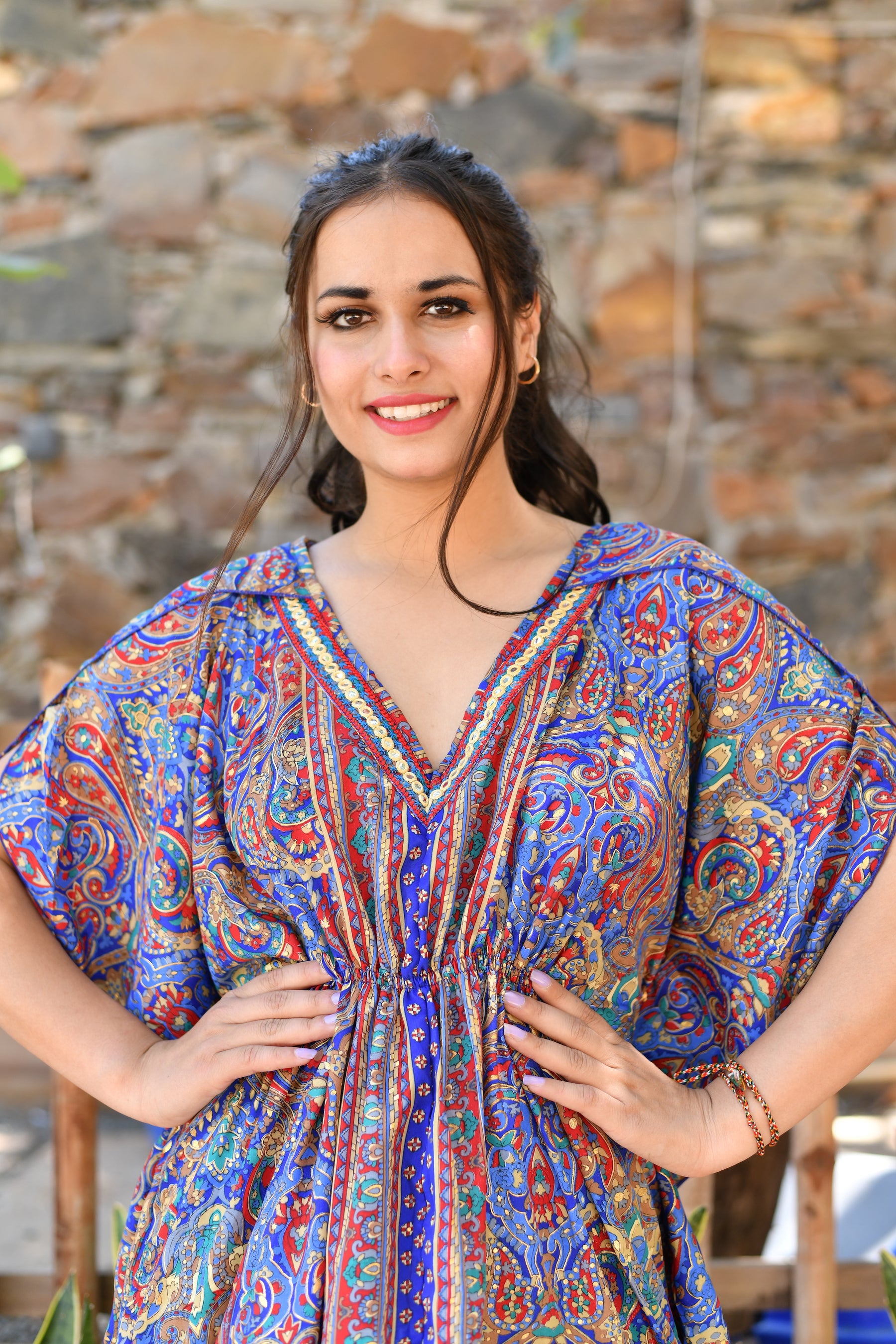 Kaftan Pattern Embroidered Short Dress in Blue