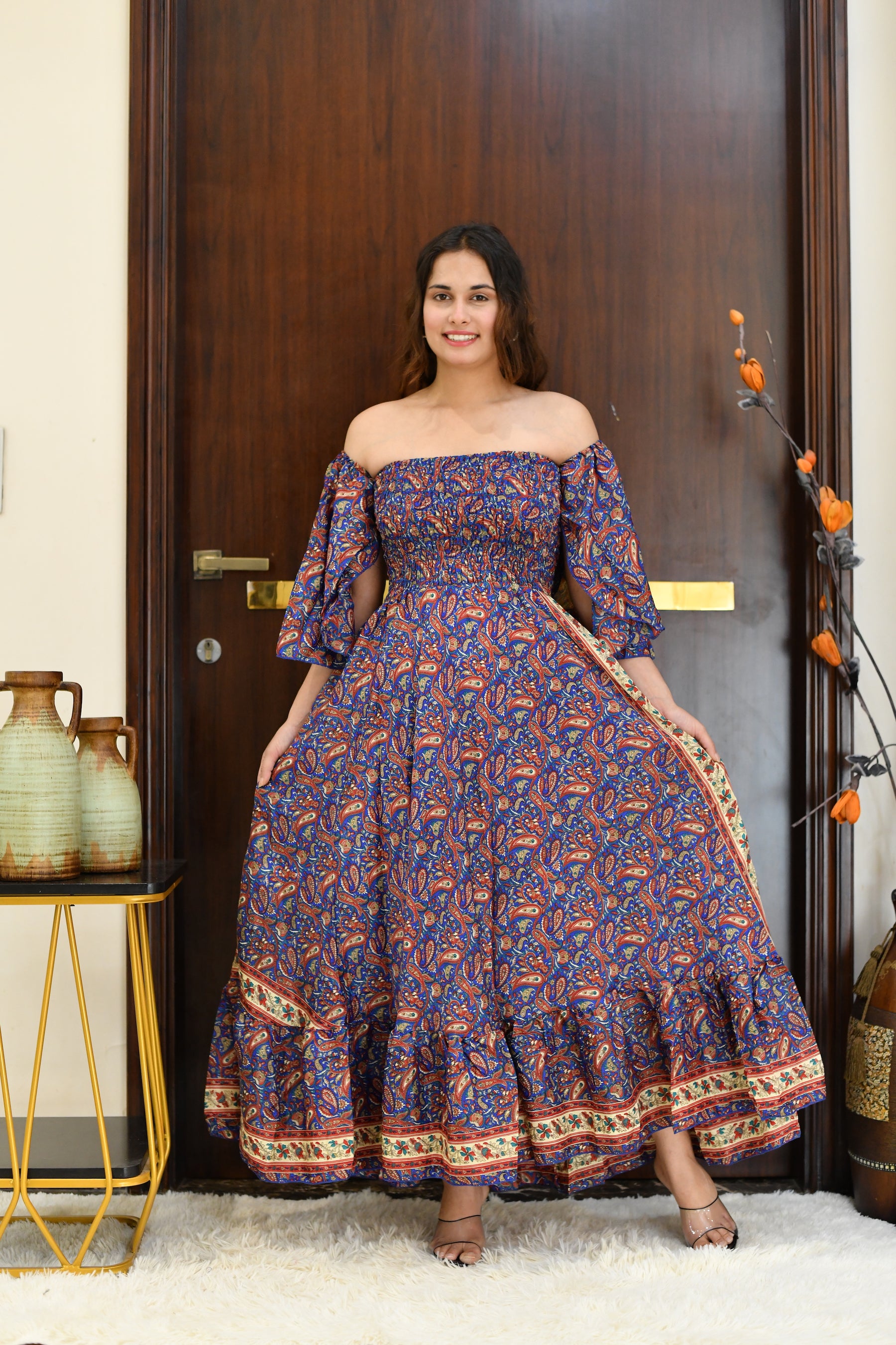 Off- Shoulder Boho Printed Maxi Dress -Bluebell Bliss SmisingBee