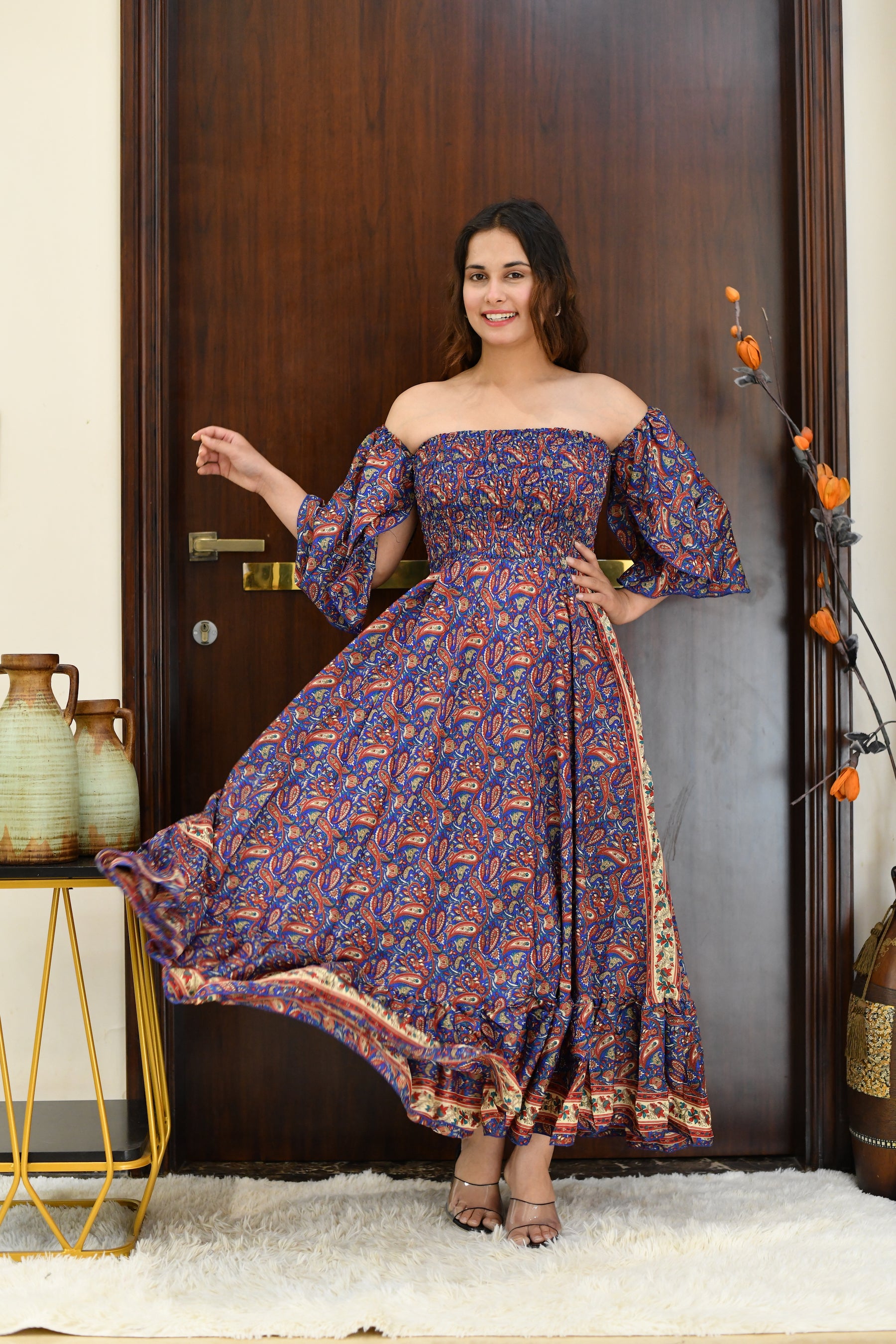 Off- Shoulder Boho Printed Maxi Dress -Bluebell Bliss SmisingBee