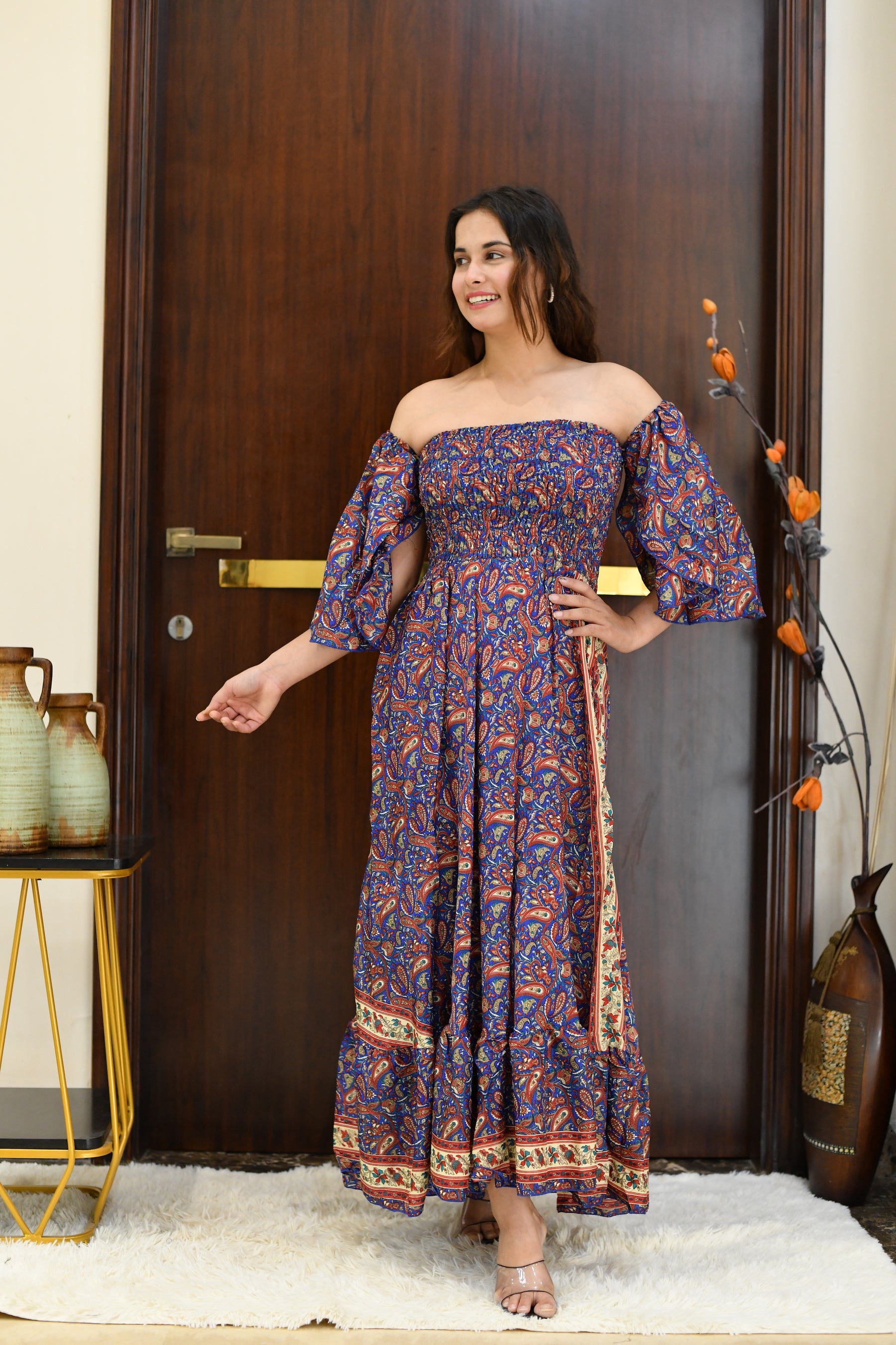 Off- Shoulder Boho Printed Maxi Dress -Bluebell Bliss SmisingBee