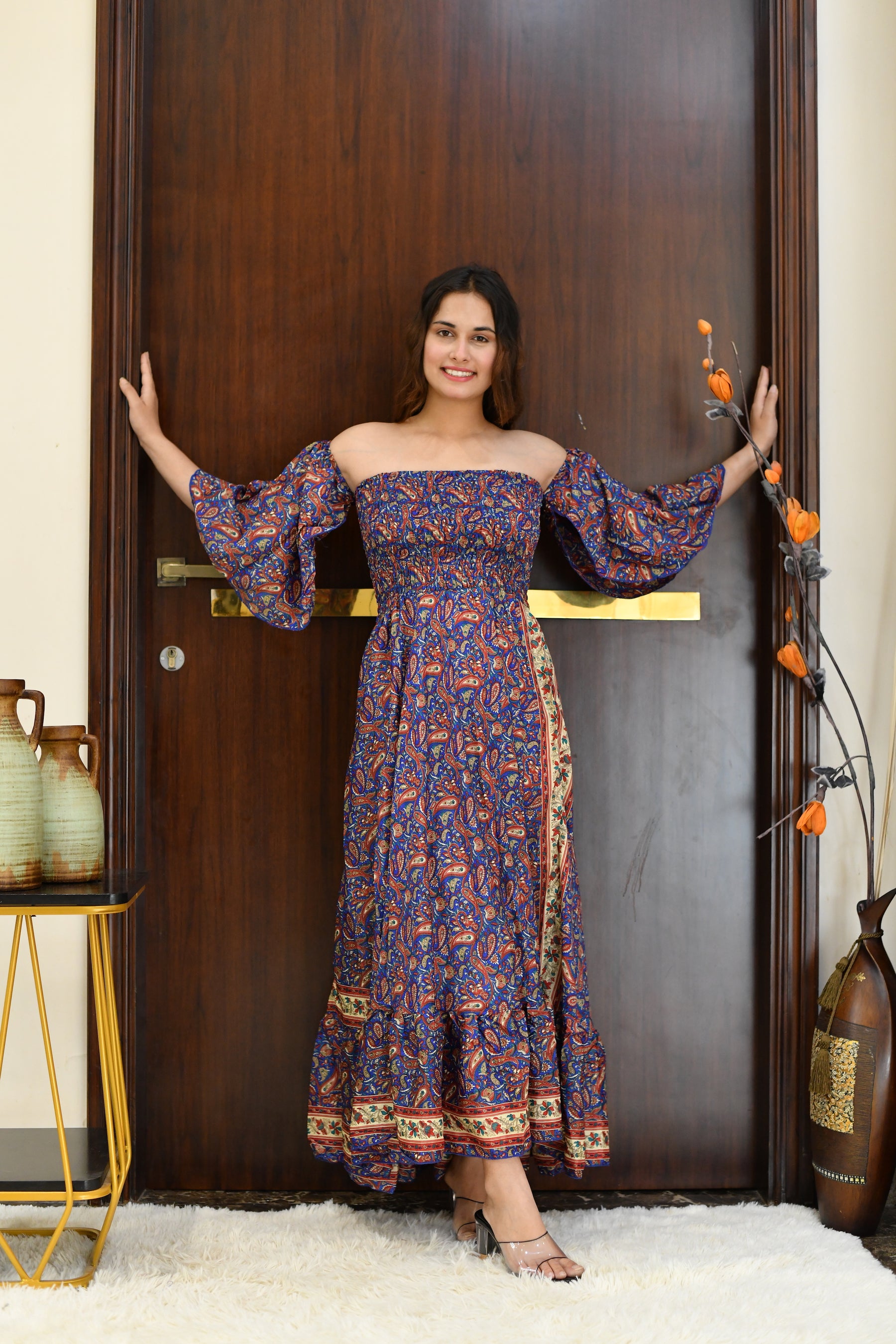 Off- Shoulder Boho Printed Maxi Dress -Bluebell Bliss SmisingBee