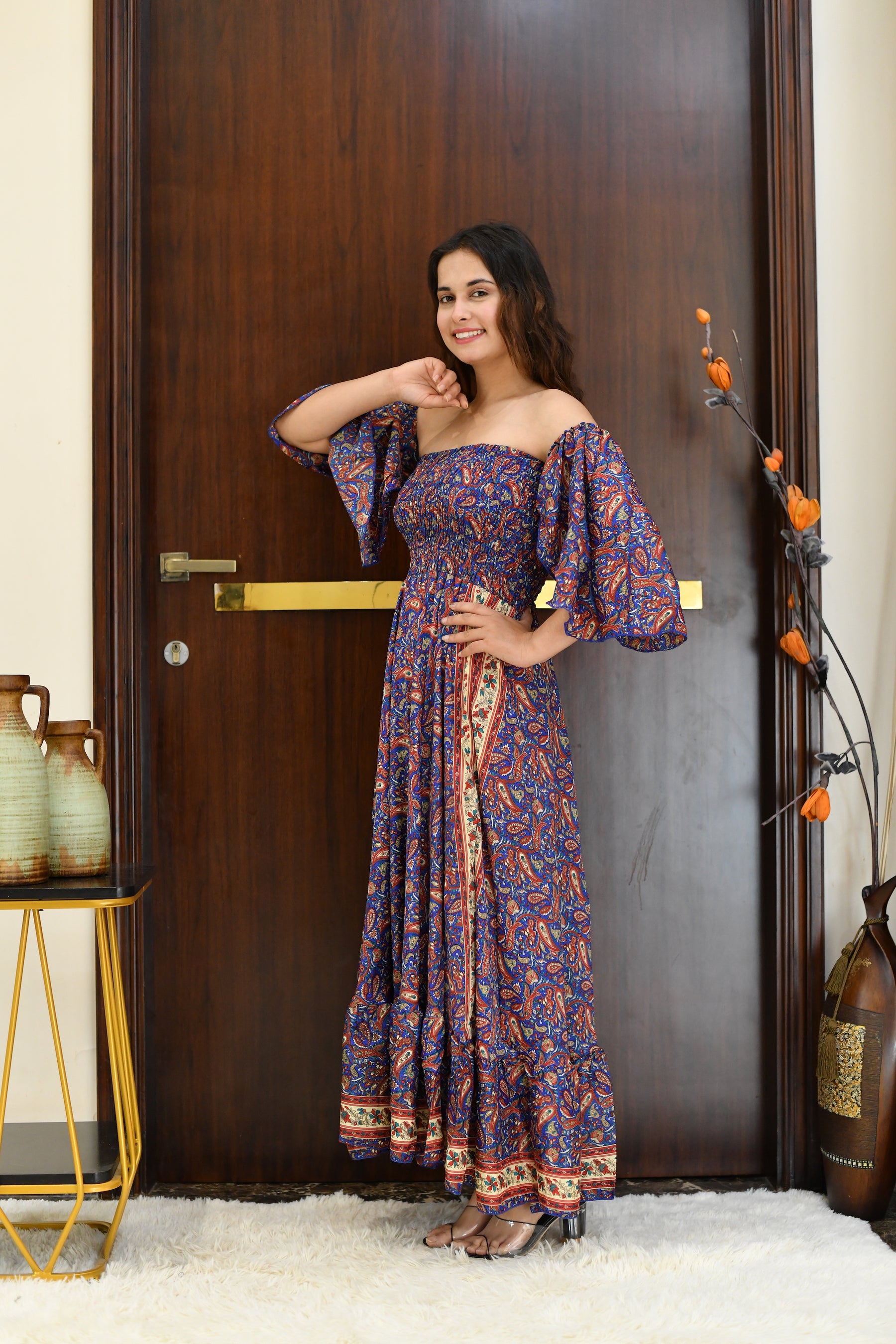 Off- Shoulder Boho Printed Maxi Dress -Bluebell Bliss SmisingBee