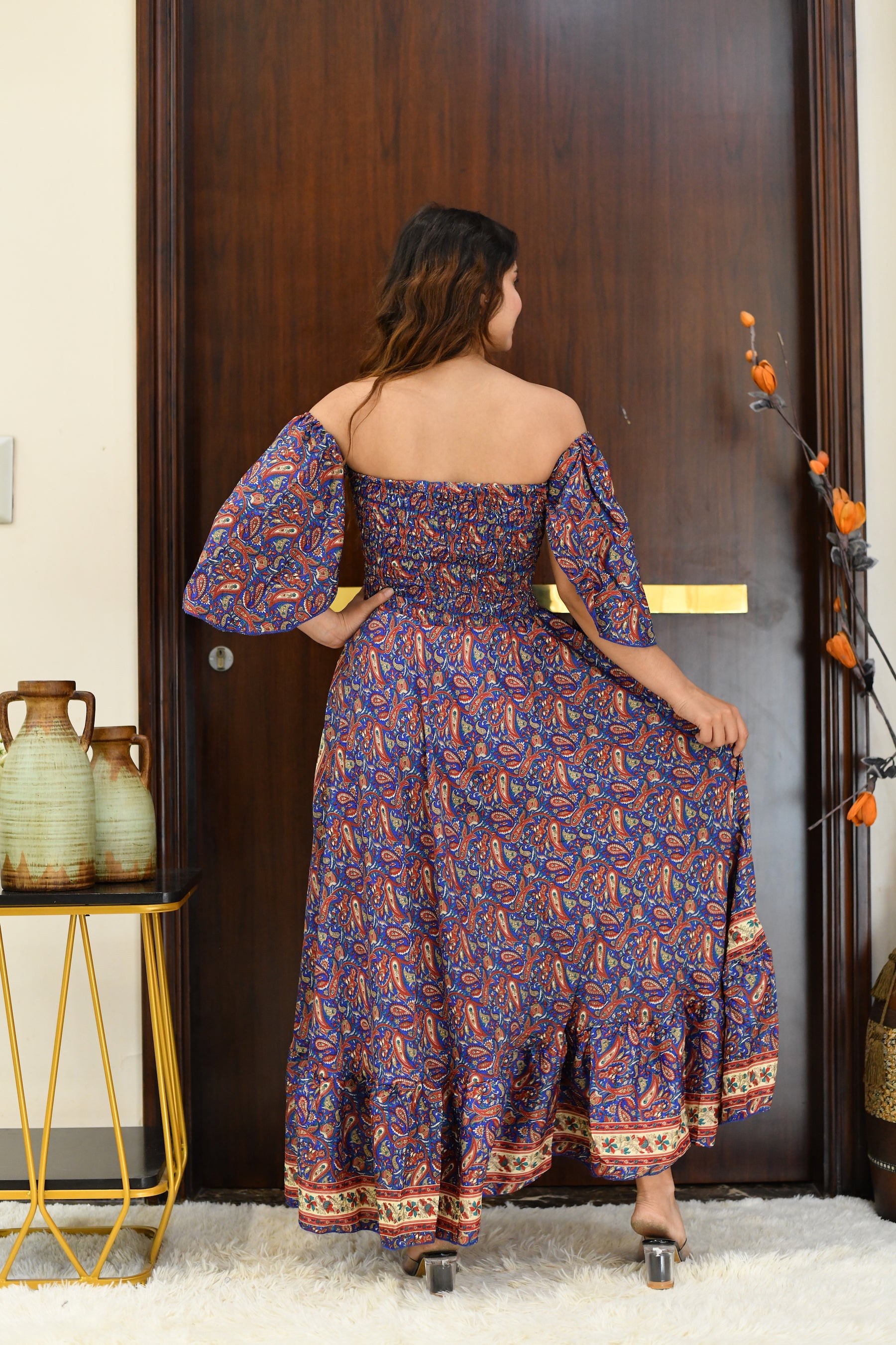 Off- Shoulder Boho Printed Maxi Dress -Bluebell Bliss SmisingBee
