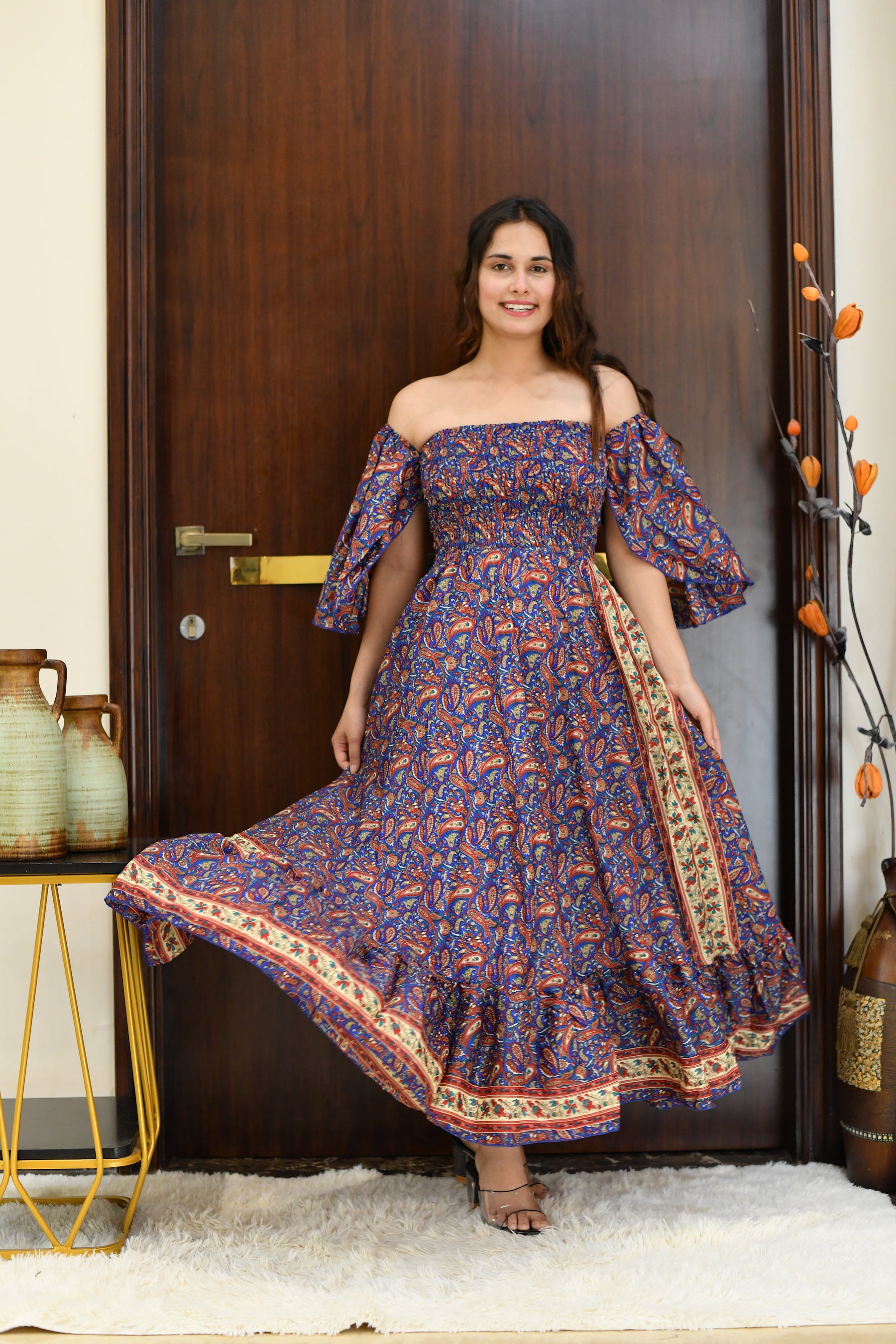 Off- Shoulder Boho Printed Maxi Dress -Bluebell Bliss SmisingBee