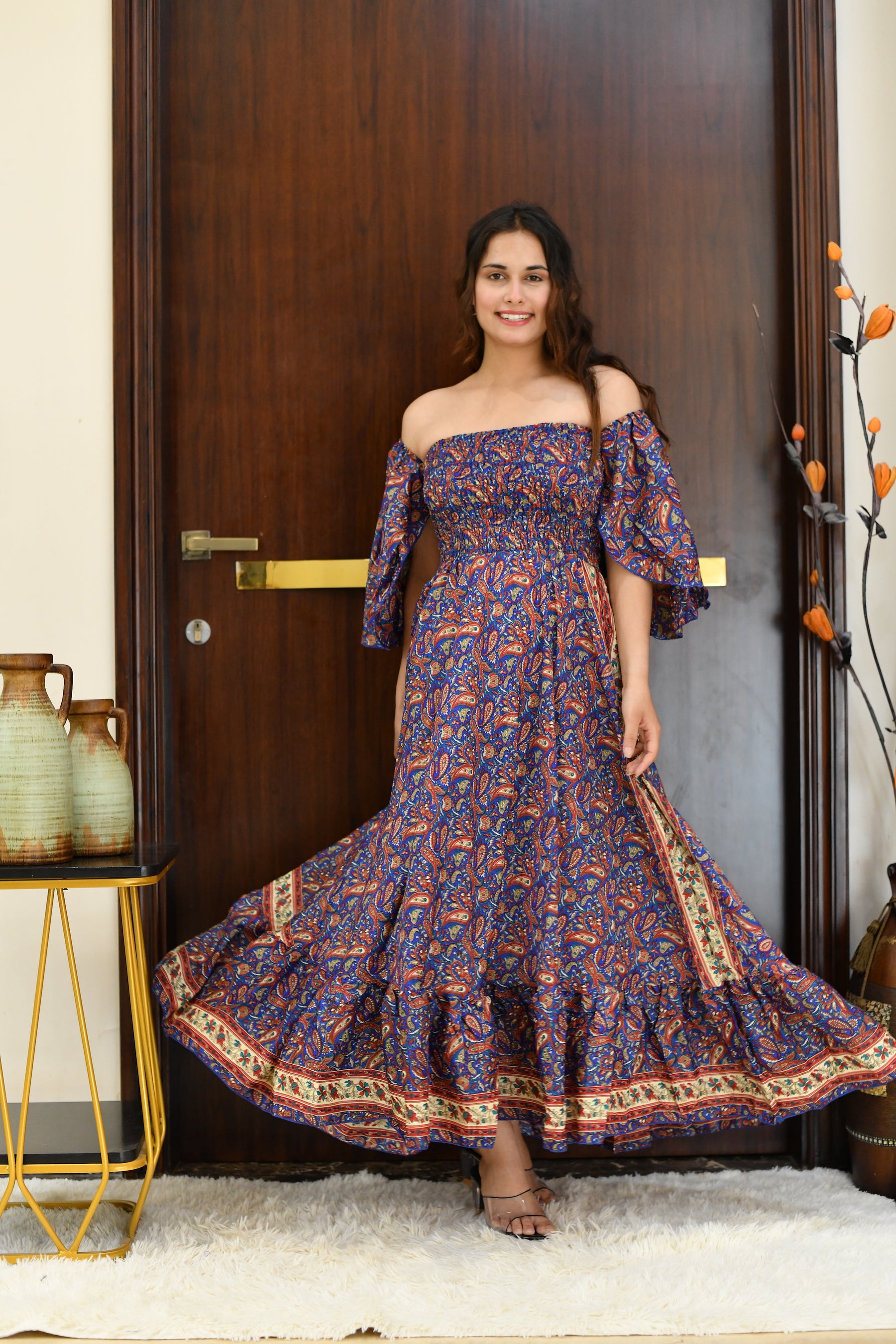 Off- Shoulder Boho Printed Maxi Dress -Bluebell Bliss SmisingBee