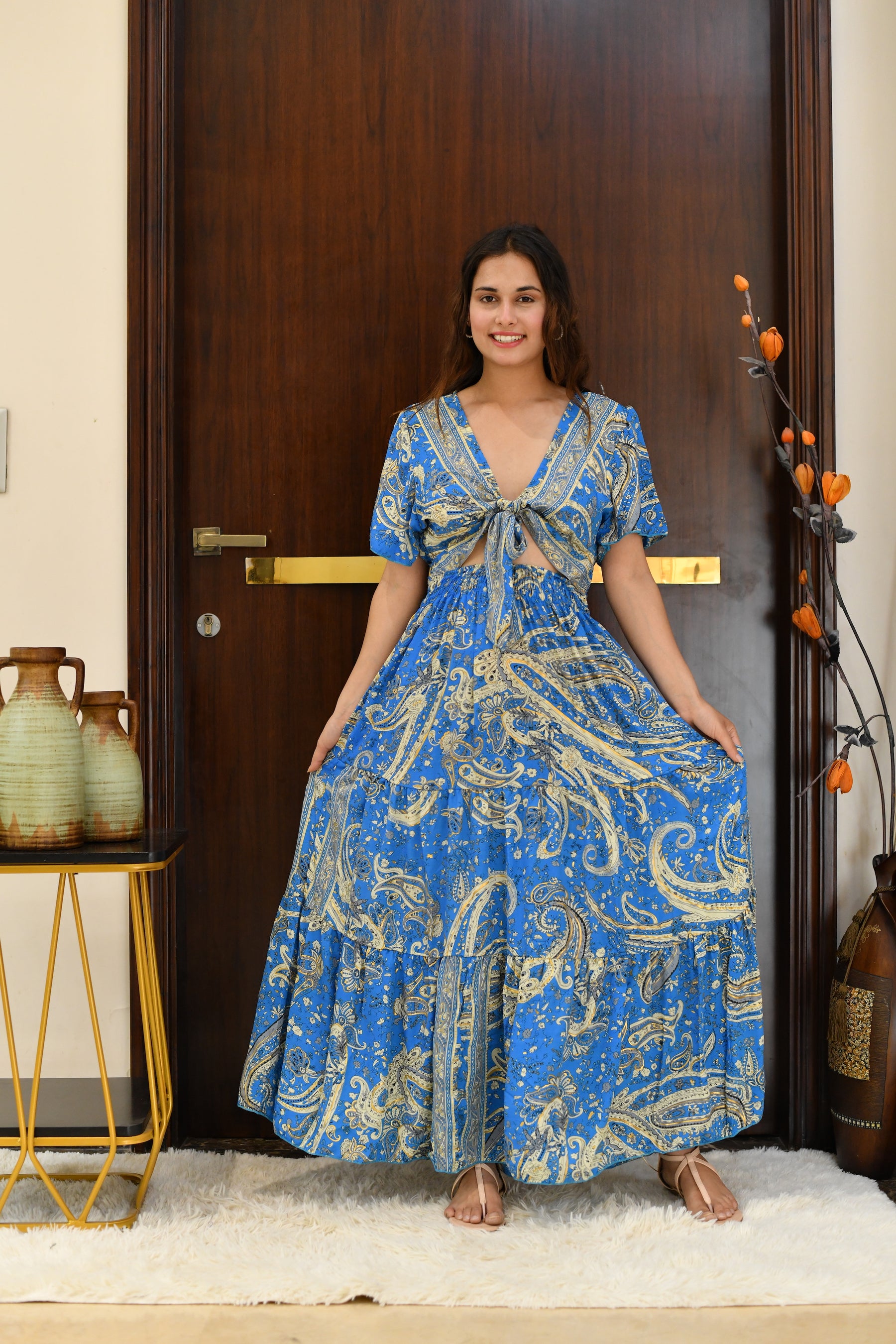 Tie front ruffle hem gold(foil) print featured maxi dress - Sky Beach