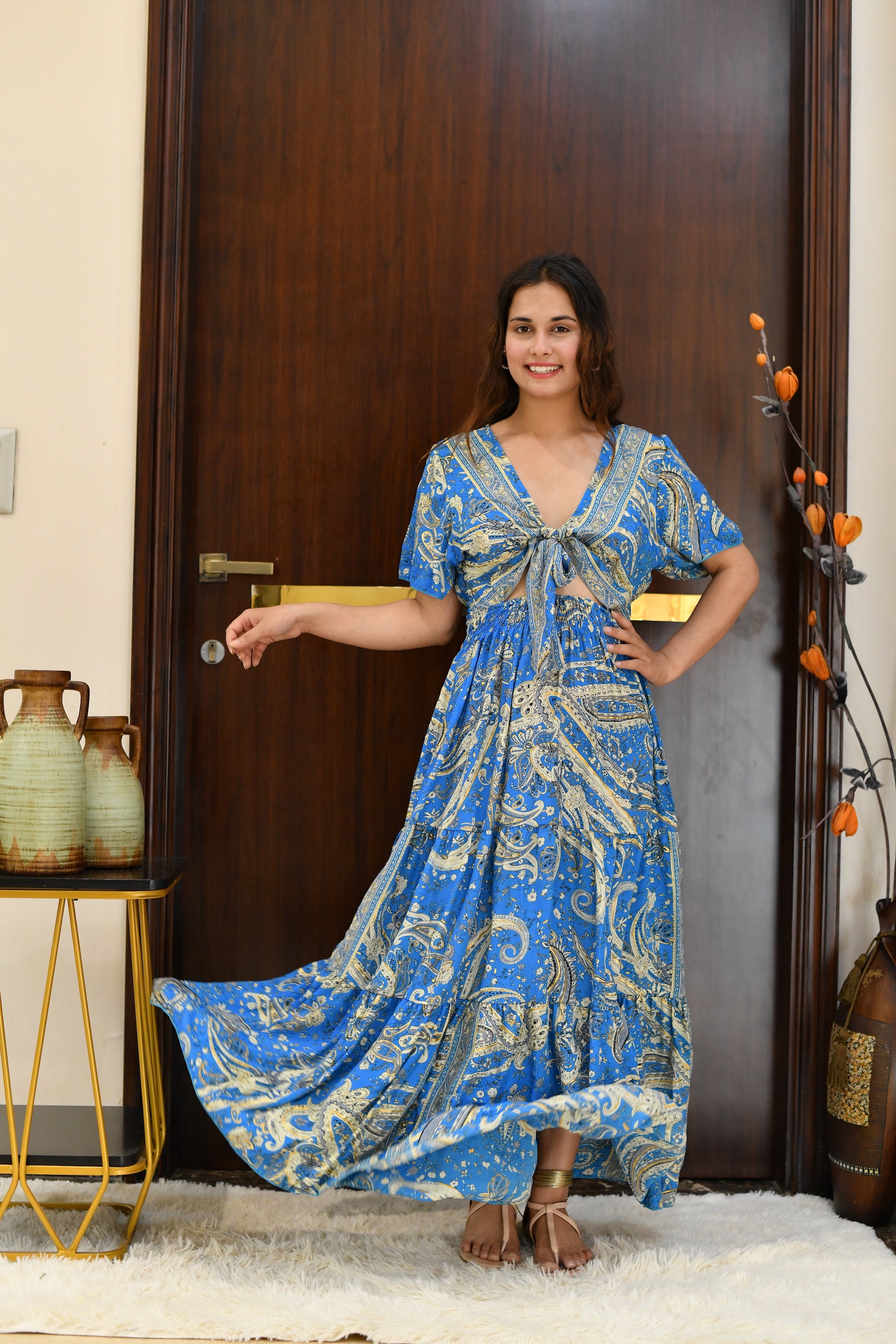 Tie front ruffle hem gold(foil) print featured maxi dress - Sky Beach