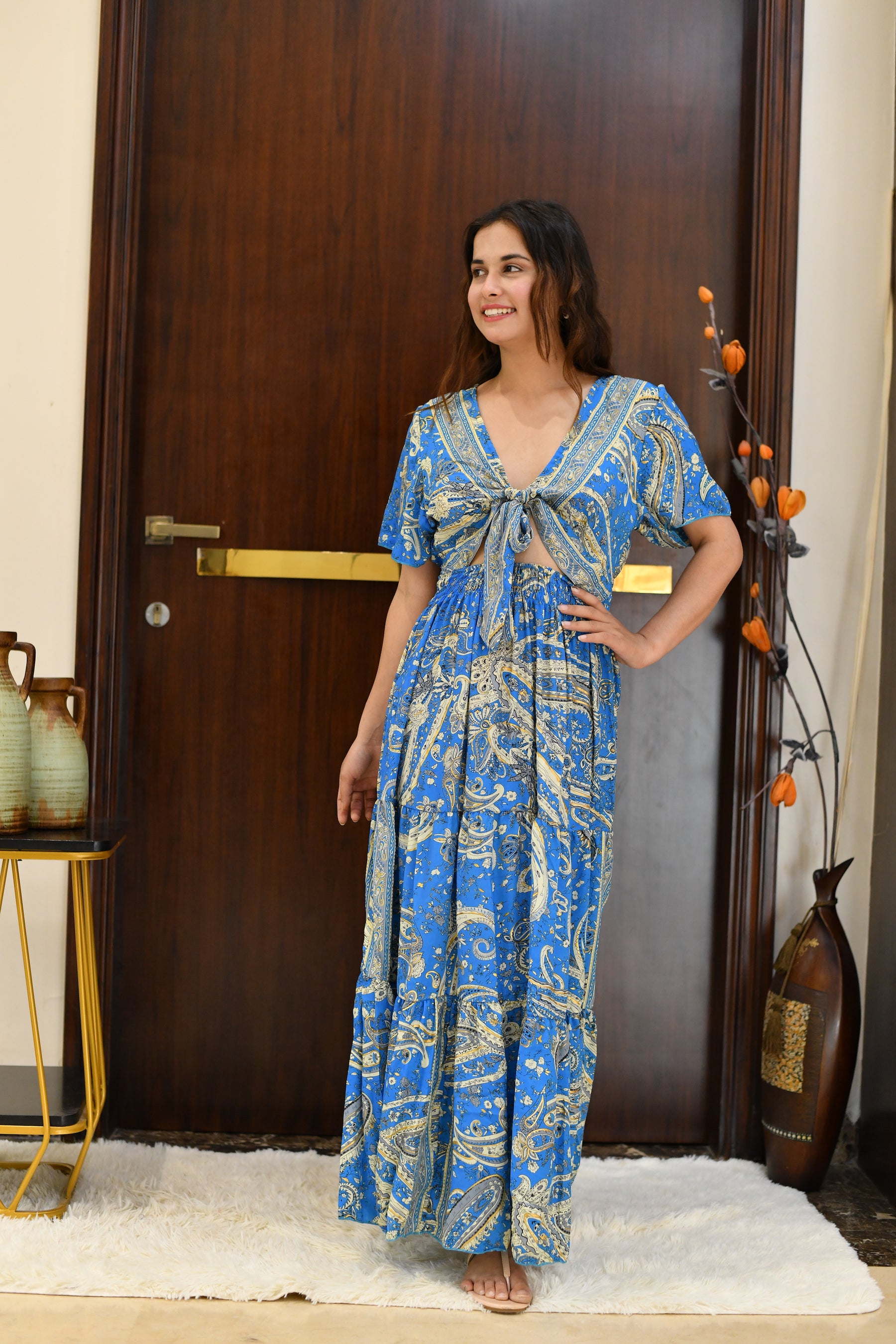 Tie front ruffle hem gold(foil) print featured maxi dress - Sky Beach