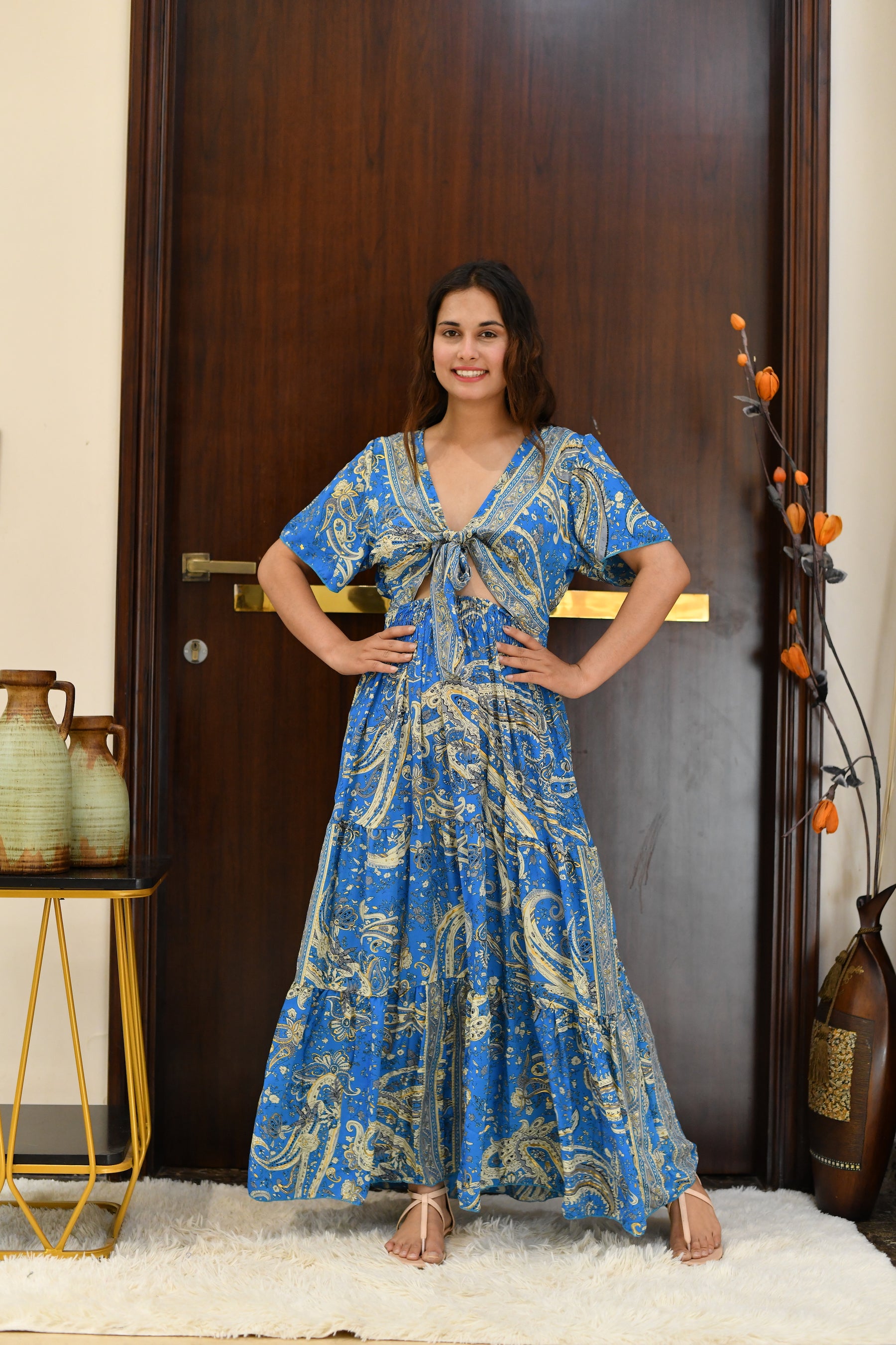 Tie front ruffle hem gold(foil) print featured maxi dress - Sky Beach