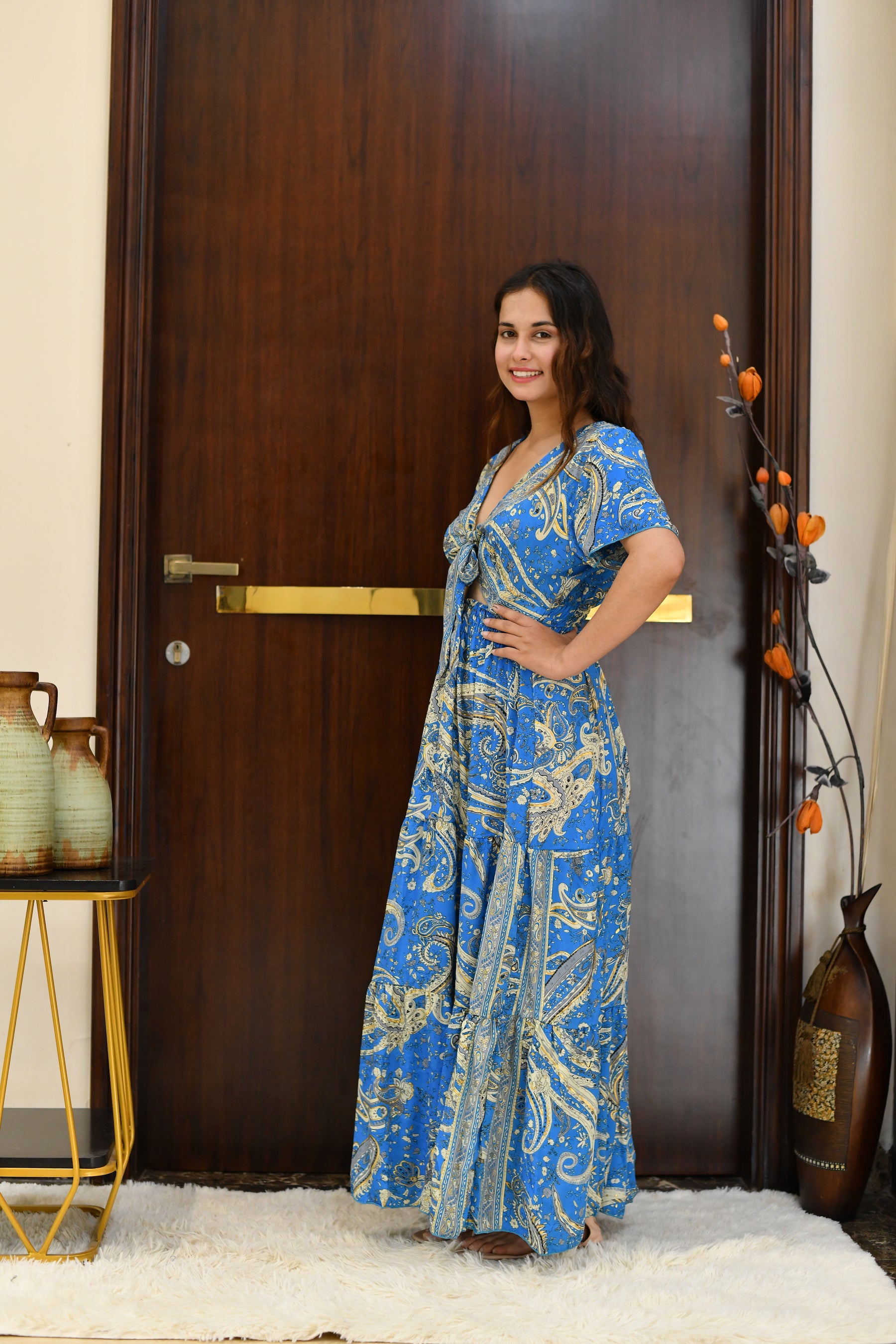 Tie front ruffle hem gold(foil) print featured maxi dress - Sky Beach
