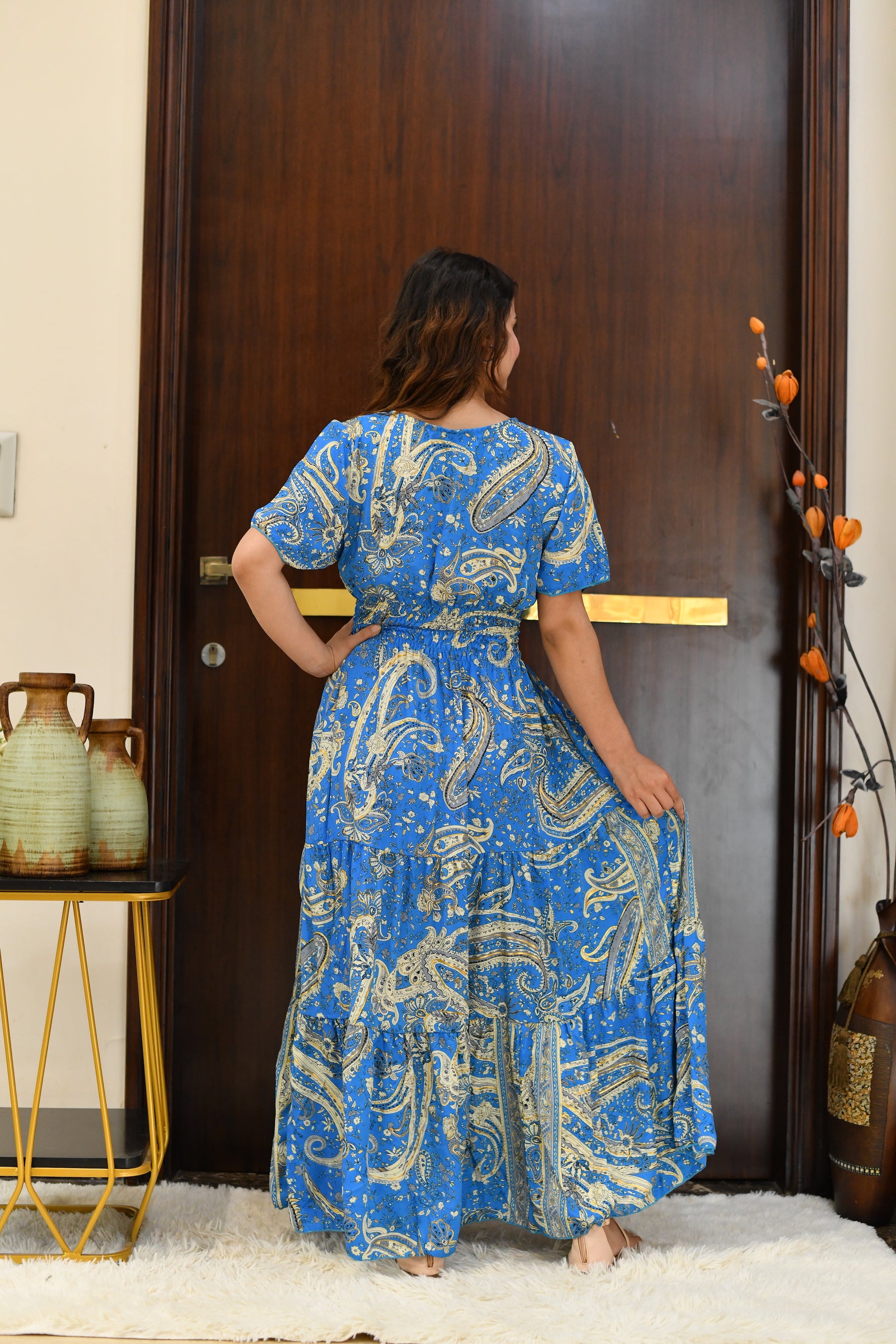 Tie front ruffle hem gold(foil) print featured maxi dress - Sky Beach