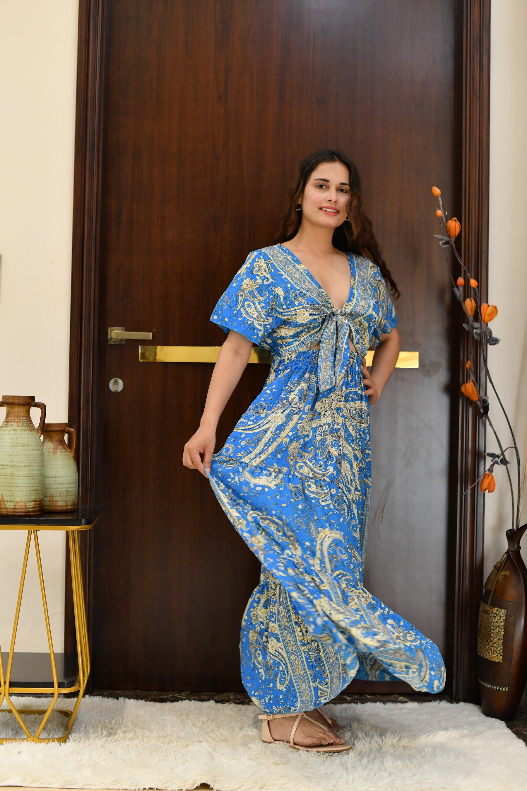 Tie front ruffle hem gold(foil) print featured maxi dress - Sky Beach
