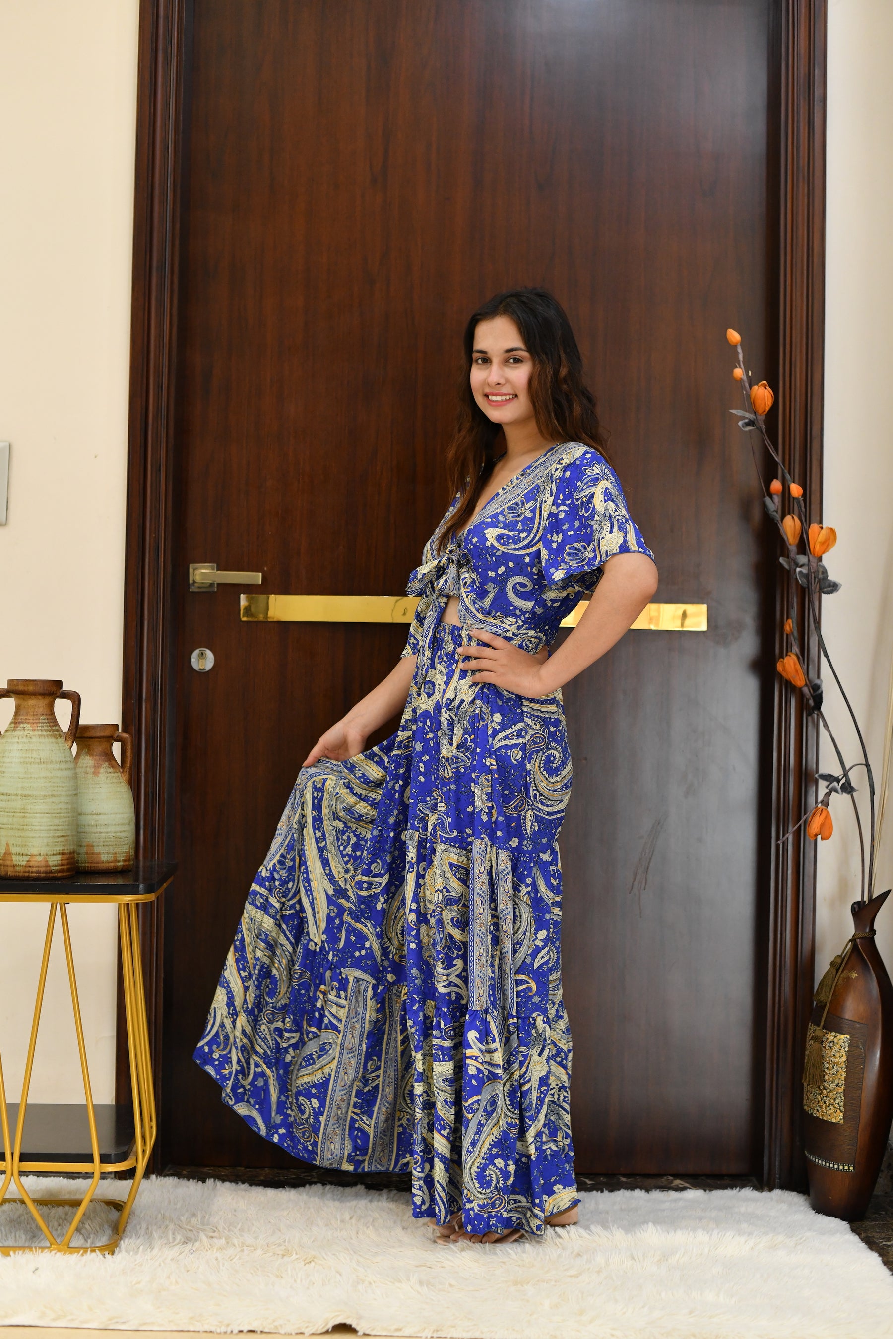 Tie front ruffle hem gold(foil) print featured maxi dress - Ocean Velvet
