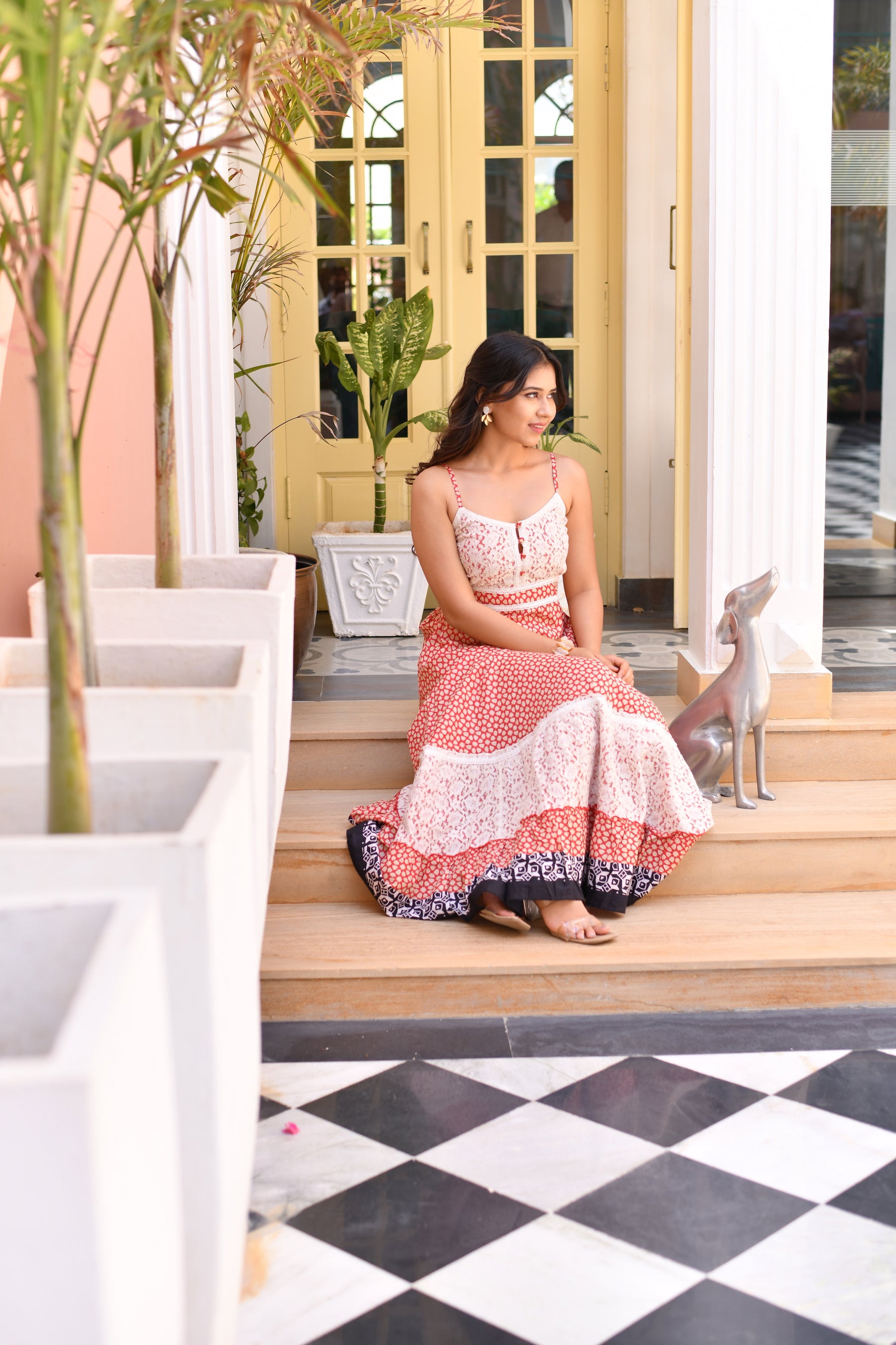 Peachy Petals Lace Featured Cotton Long Dress