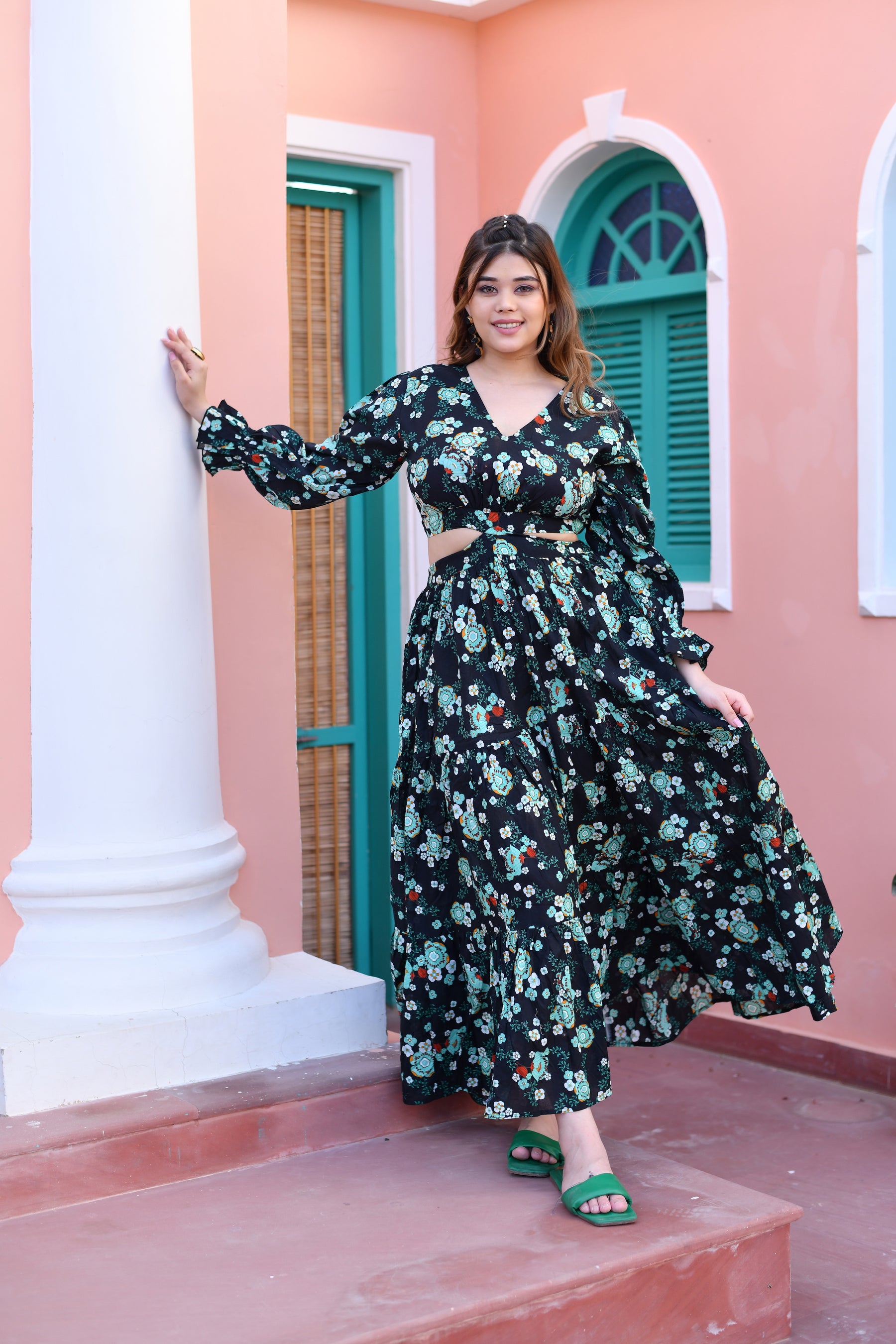 Midnight Bloom Cut Out Cotton Long Dress