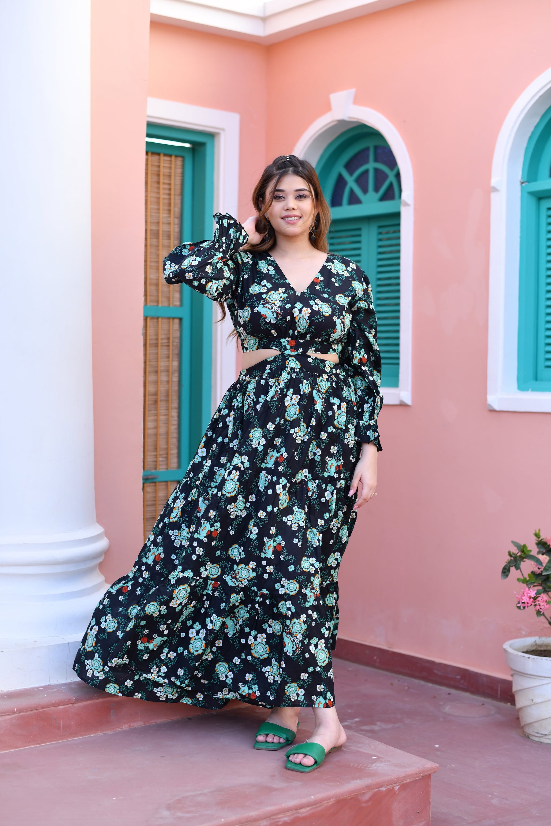 Midnight Bloom Cut Out Cotton Long Dress